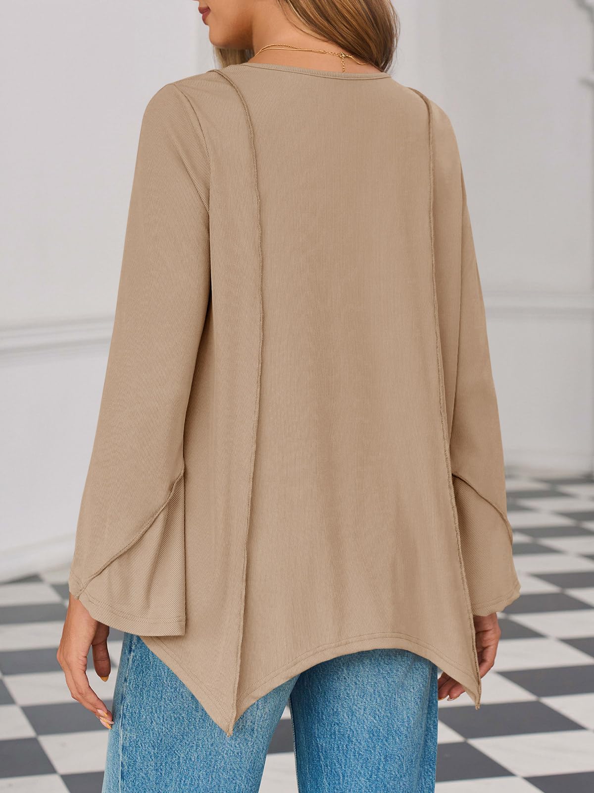 Tankaneo Womens Long Bell Sleeve Tops V Neck Asymmetrical Hem Ribbed Shirts Flowy Trendy Loose Fit Tees Tunic Shirts Khaki