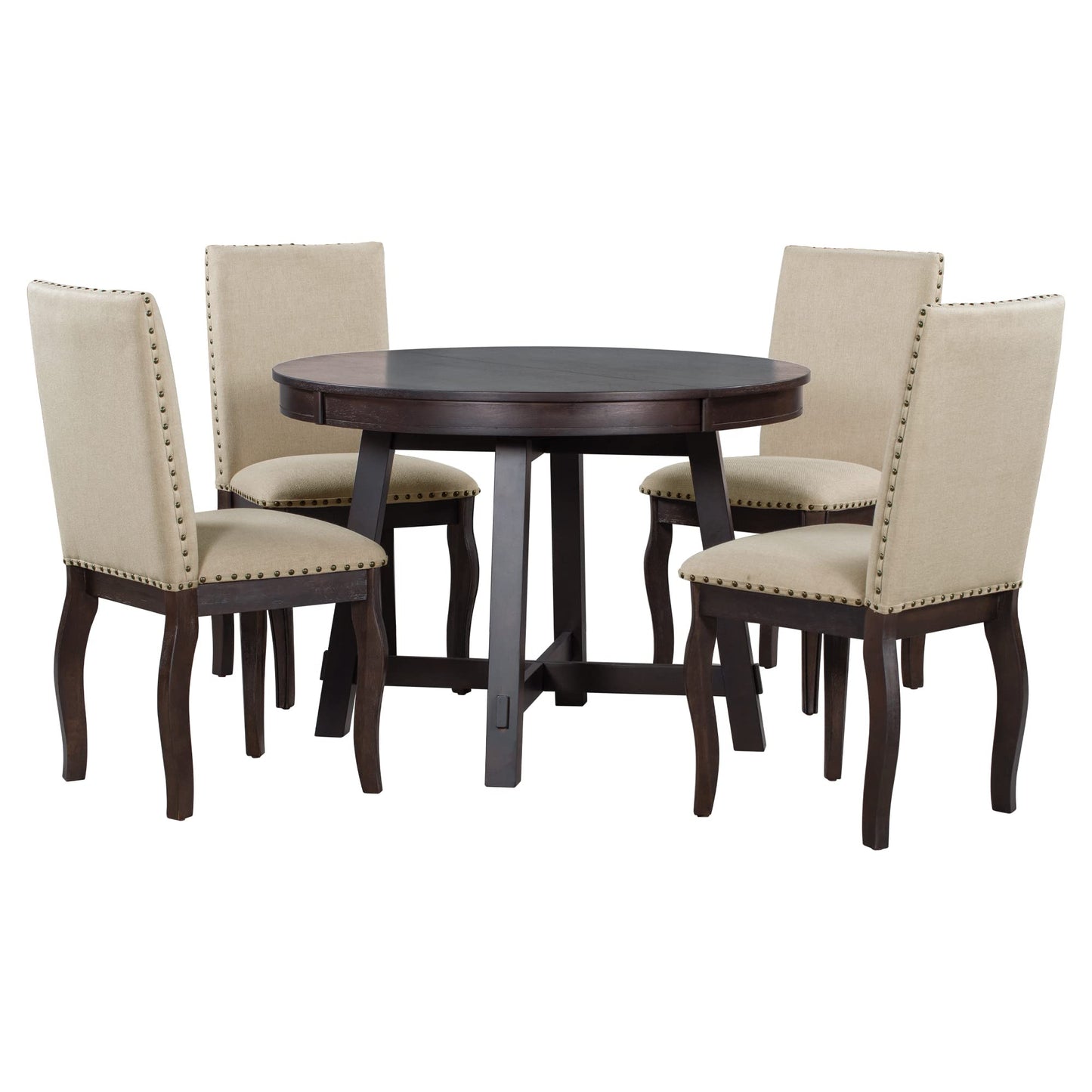 Harper & Bright Designs 5-Piece Farmhouse Extendable Round Dining Table and Upholstered Chair Set, Round Dining Table with Shelf, Wood Dining Table Set for Family Dining Area