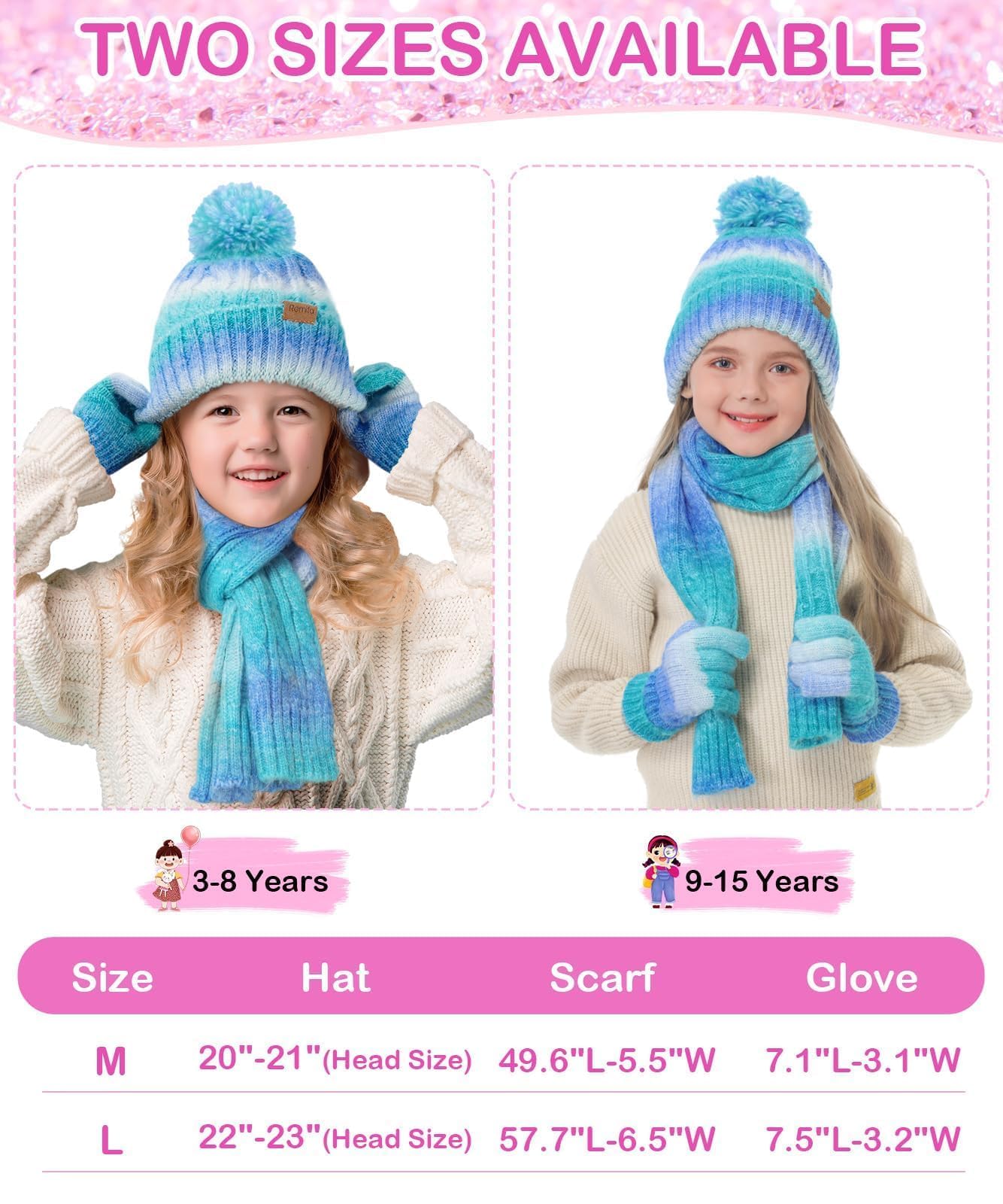 Remifa Kids Winter Hat Scarf Gloves Set, Girls Boys Toddler 8% Wool Warm Fleece Beanie Knit Neck Scarf Mittens Christmas Gift, Macaron, 3-8 Years Old