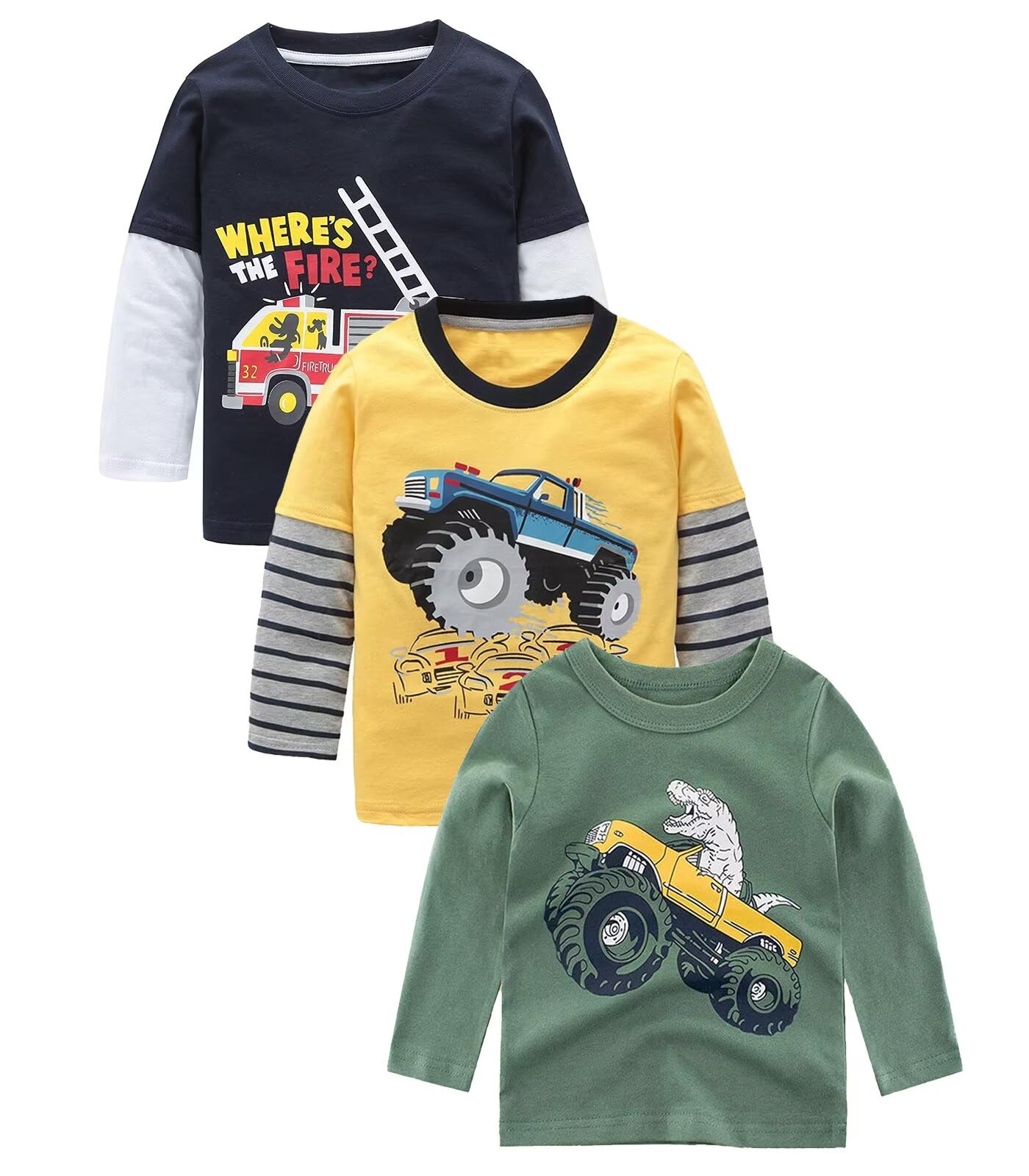 Lollisy Boys Long Sleeve Tshirts Casual Cotton Shirts Graphic Crewneck Tops Tee Shirts for Boys 3 Pack Dinos Car Size 6/6T