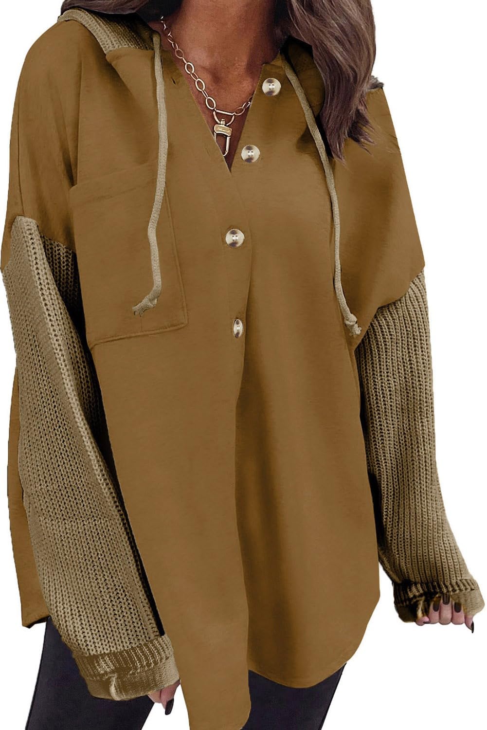 SHEWIN Women's Oversized Sweatshirts for Women Loose Fit Casual Long Sleeve Button Lightweight Hoodies Fall Outfits Women Trendy,US 4-6(S),Brown
