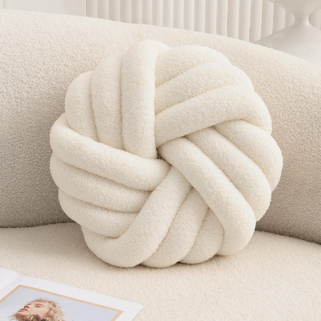 Vdoioe Cream White Knot Pillow 13.7'' Round Throw Pillow Soft Plush Knot Ball Pillow Handmade Knotted Pillow Modern Home Decorative Knotted Pillow Cushion for Bed Bedroom, Sofa, Couch