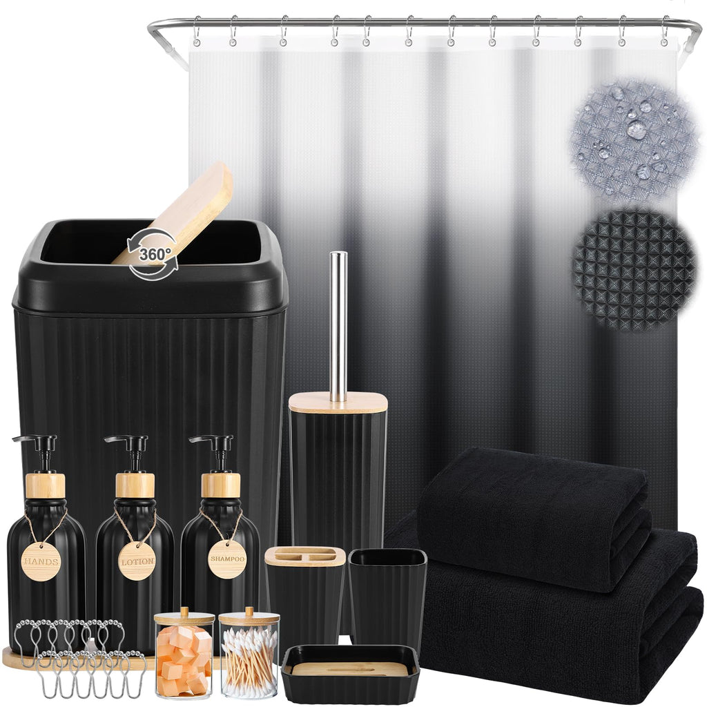 32PCS Black Bathroom Accessories Set with Shower Curtain,Bath Towel,Trash Can,3PCS Lotion Soap Dispenser,Toothbrush Holder,Soap Dish,Tumbler Cup,6PCS Wood Tags Bath Accessories with Tray