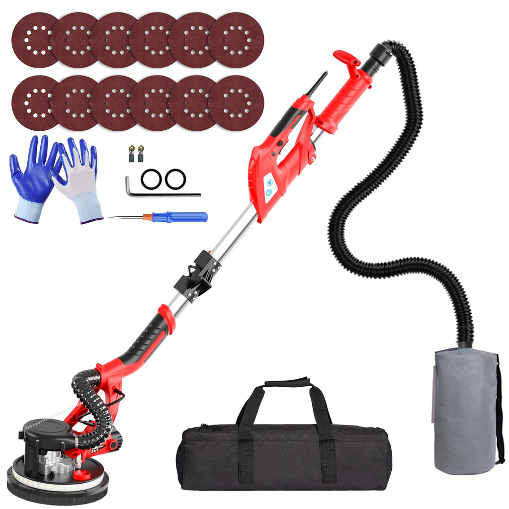 Drywall Sander with Vacuum Attachment, IMQUALI 750W Electric Sander Tool with Extendable Handle, Popcorn Ceiling Removal Tool with 7 Variable Speed 800-1750RPM, LED Light, 12pcs Sanding Discs, I01R
