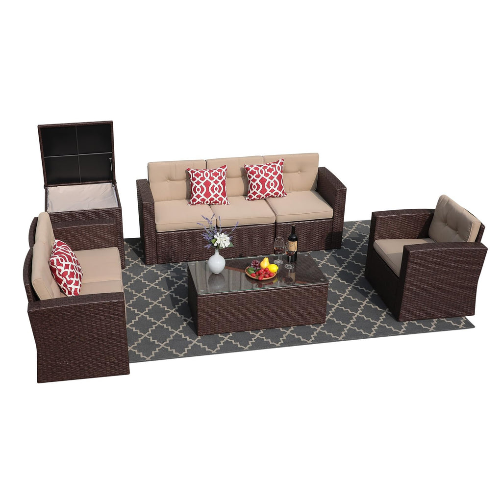 Super Patio 8 Pieces Patio Furniture Sets, All Weather Outdoor Sectional Patio Sofa, U-Shaped PE Wicker Patio Conversation Sets w/Storage Box, Coffee Table, 3 Pillows, for Garden, Porch, Brown