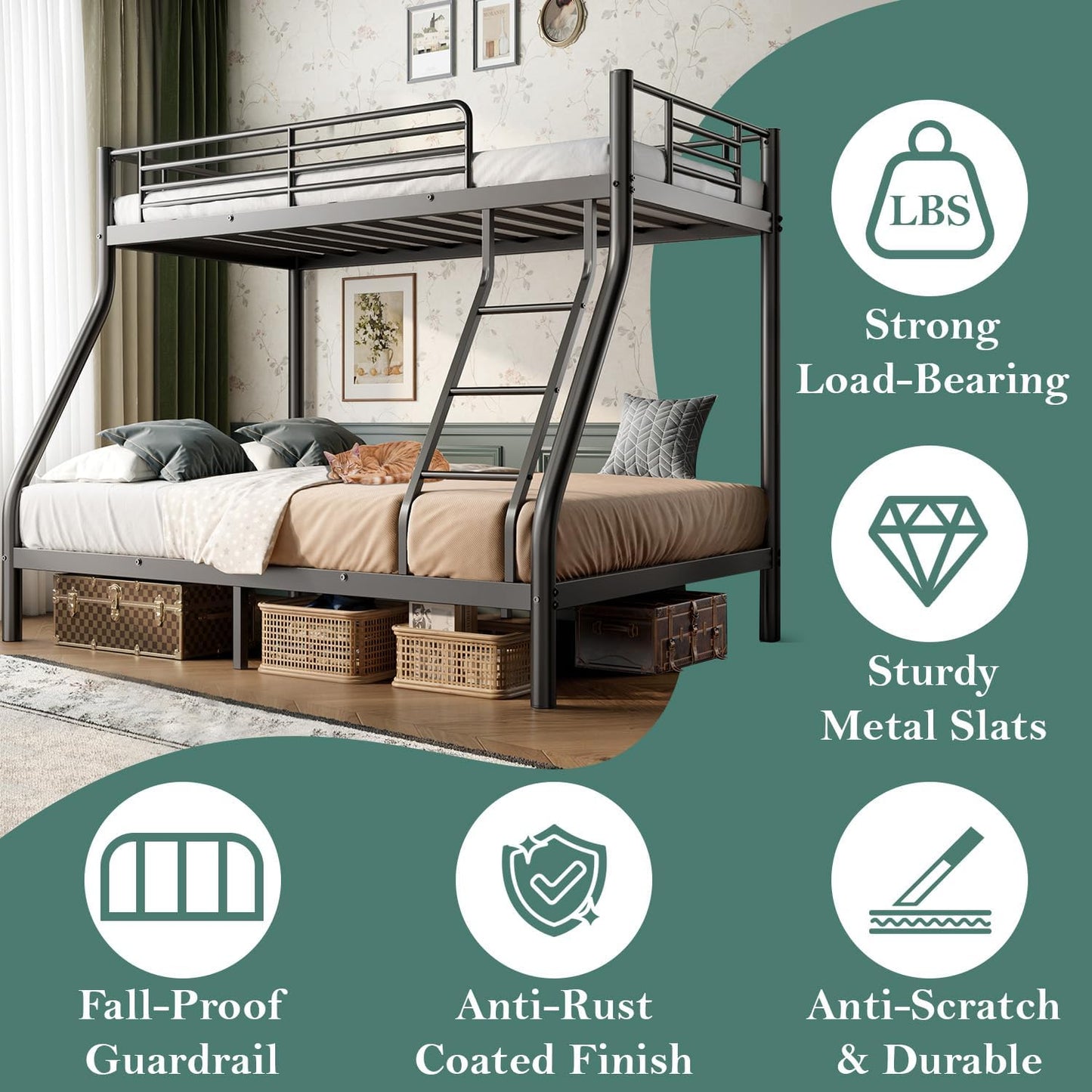 Cyranture Bunk Beds Twin Over Full Size, Heavy Duty Bunk Beds with Bottom Space & Guardrail Metal Bunk Bed Frame for Adults Dorm Bedroom Guest Room, No Box Spring Needed（Upgrate Black）