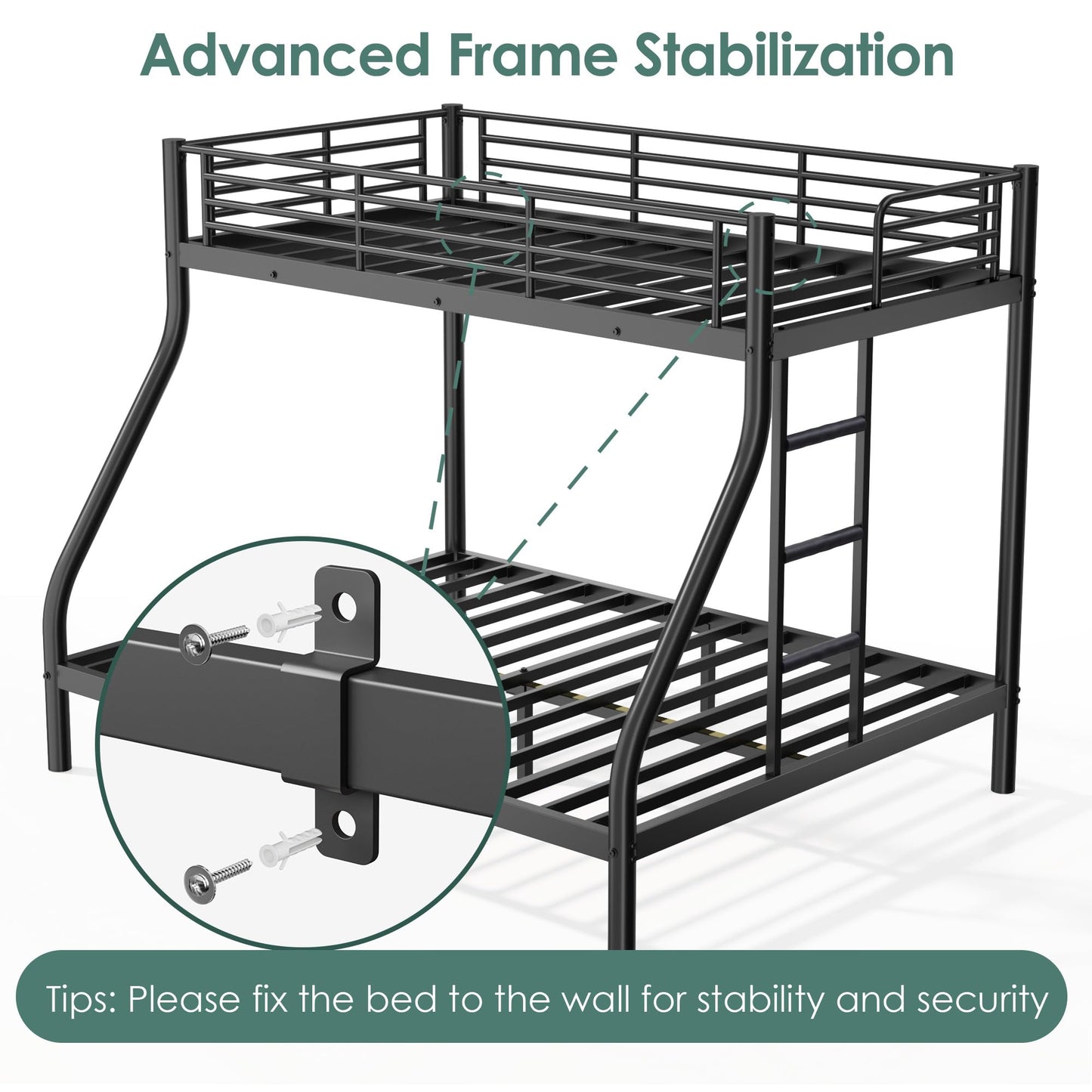 Cyranture Twin XL Over Queen Bunk Bed Size, Heavy Duty Bunk Beds with Bottom Space & Guardrail Metal Bunk Bed Frame for Adults Dorm Bedroom Guest Room, No Box Spring Needed（Black）