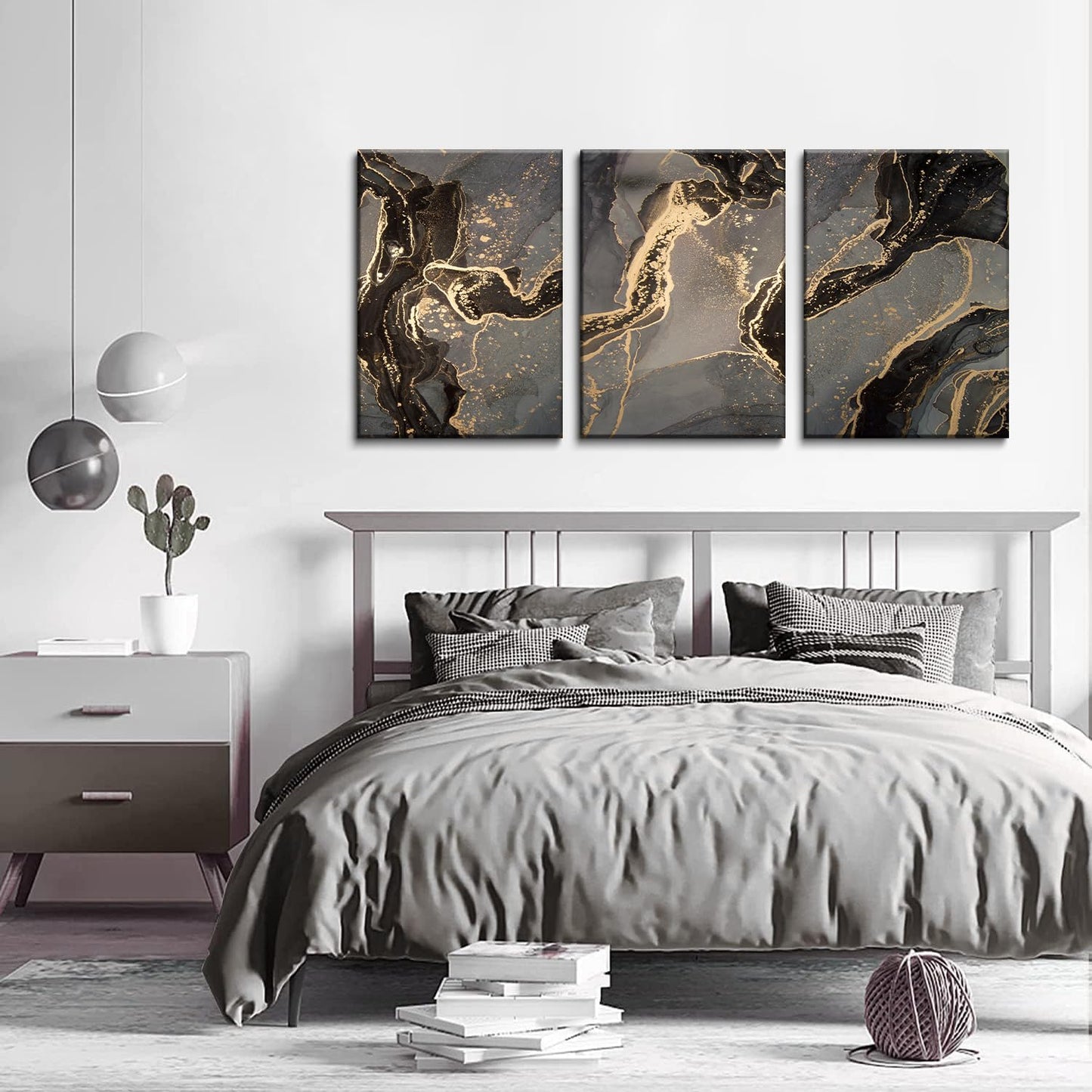 3Pcs Framed Abstract Black and Gold Canvas Wall Art Modern Marble Texture Pictures Posters Prints Artwork Abstract Gold Wall Decor for Living Room Bedroom Office bathroom Ready to Hang16x24inx3
