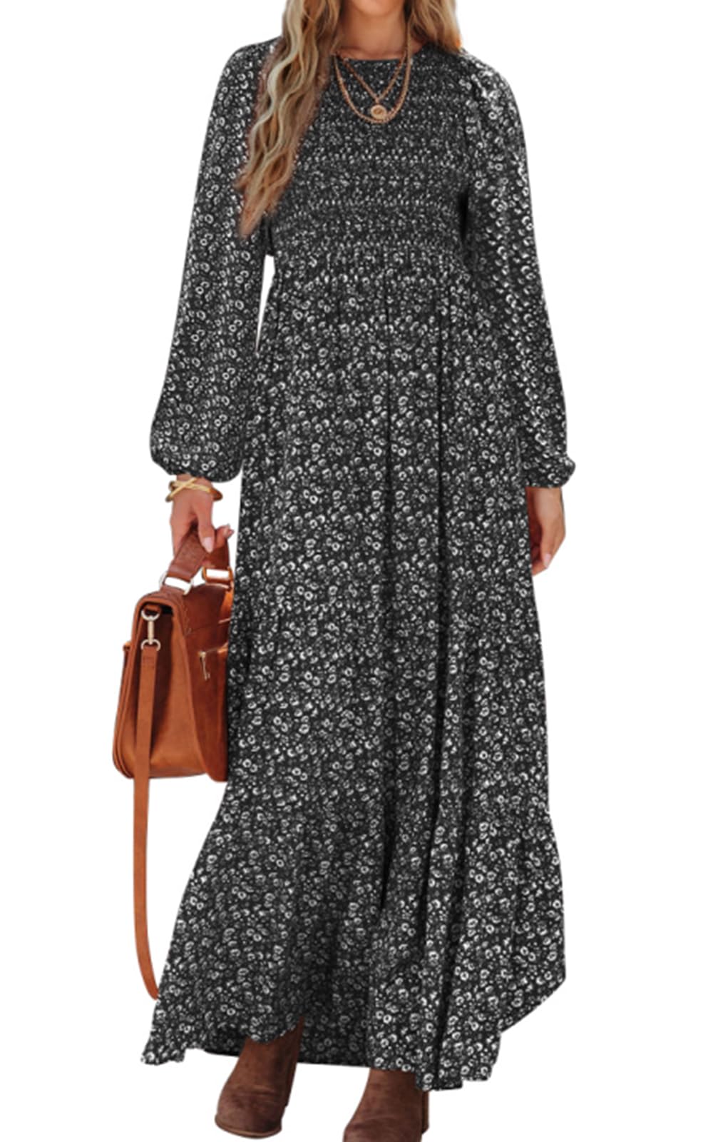 PRETTYGARDEN Women's Fall Dresses 2025 Long Sleeve Flowy Casual Floral Maxi Dress Crew Neck Smocked Tiered Long Dress (Black, Large)