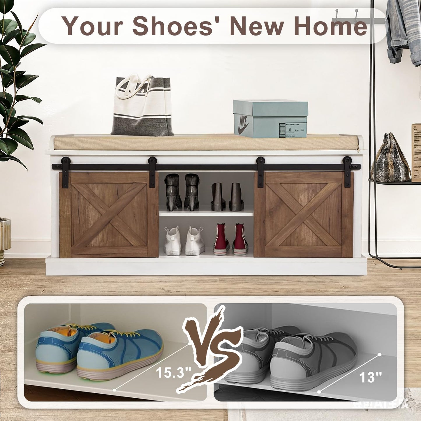 GORZING 2-Tier Shoe Storage Bench,43" Wooden Shoe Cabinet with Sliding Doors,Length Shoe Bench with Adjustable Shelves,Storage Bench for Entryway,Hallway,Bedroom
