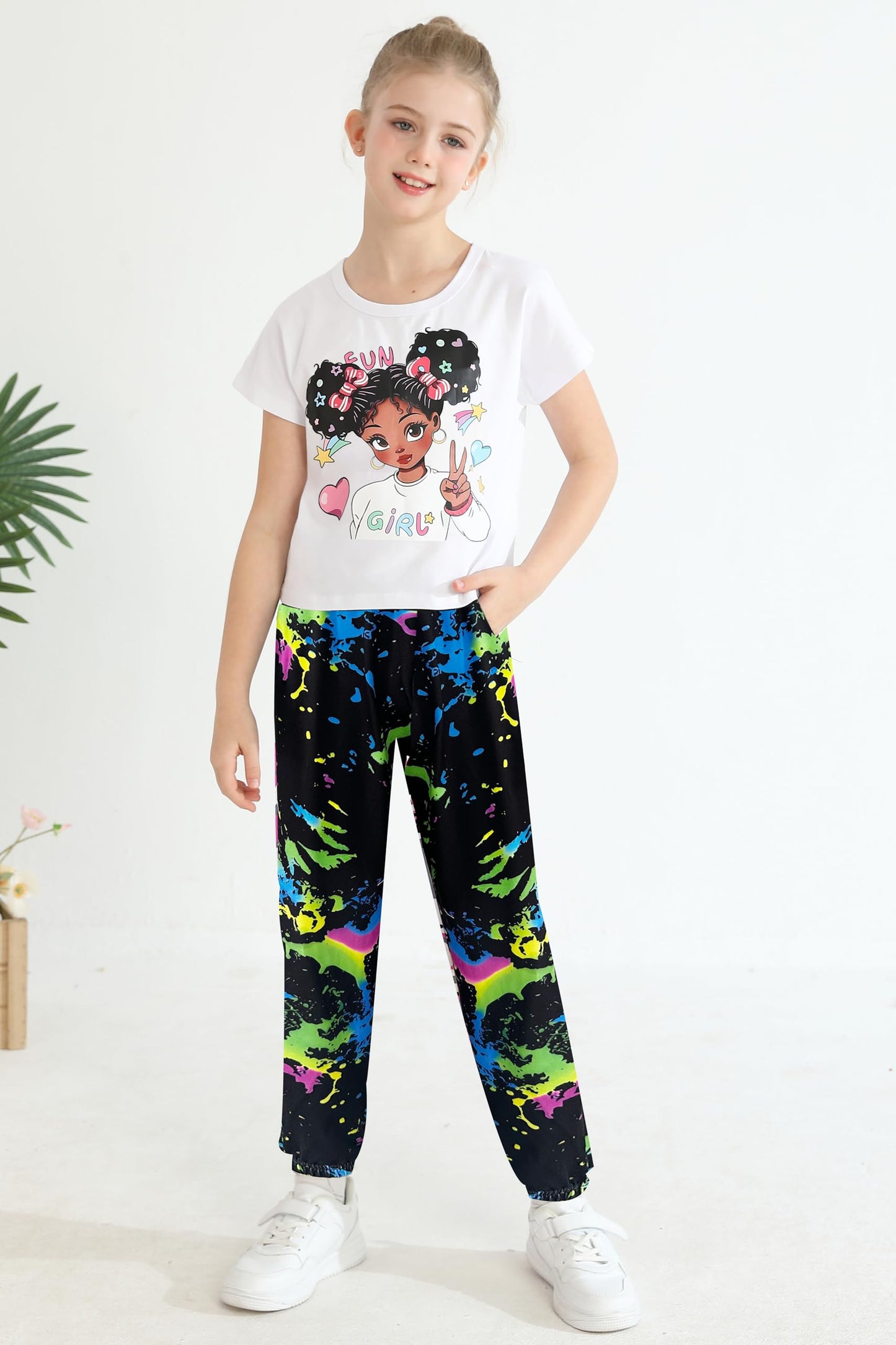 mksodop Girls Clothes 2Piece,Teen Girls clothes Fashion Printed T-Shirt and Camouflage Pants Girls Outfits Set