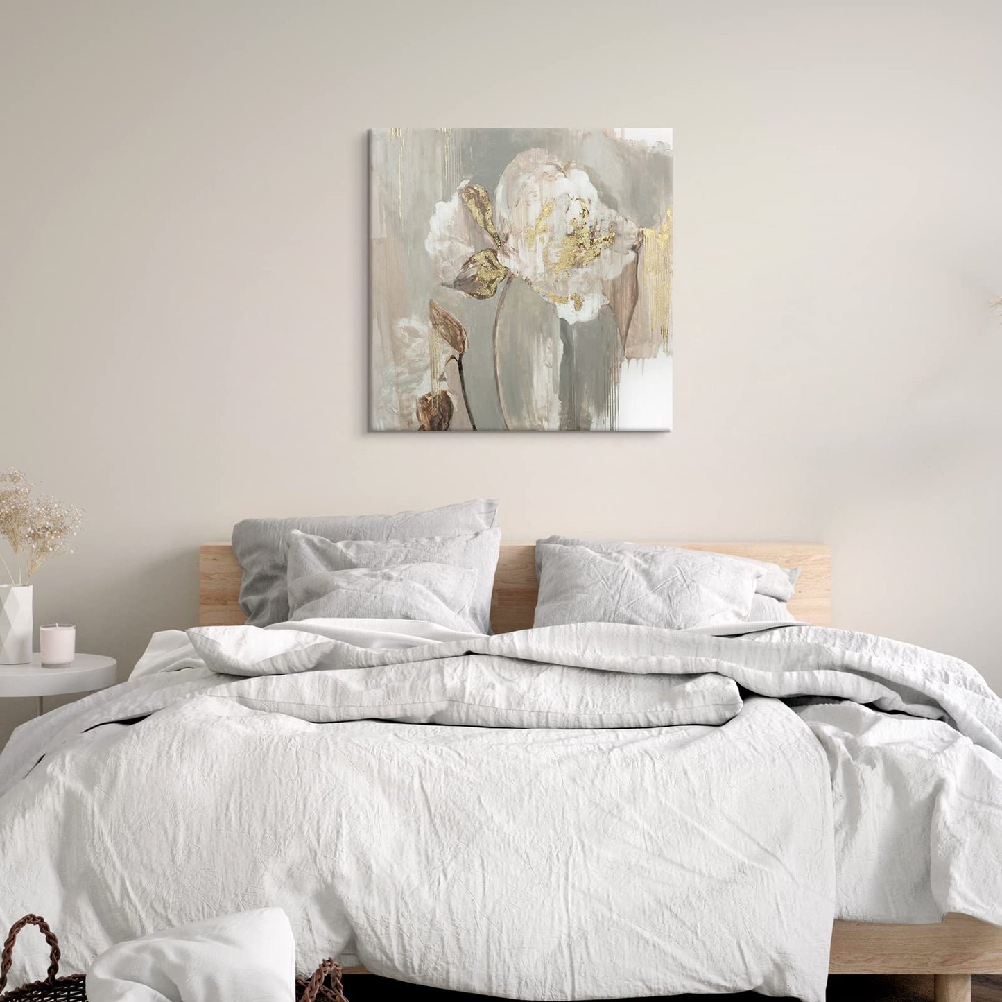 Goldfoilart Floral Wall Art Gold Pictures of White Flower Canvas with Gold Foil Embellishment Paintings Textured Poster Framed Artwork for Living Room Bedroom Office Decorations 24" x 24"