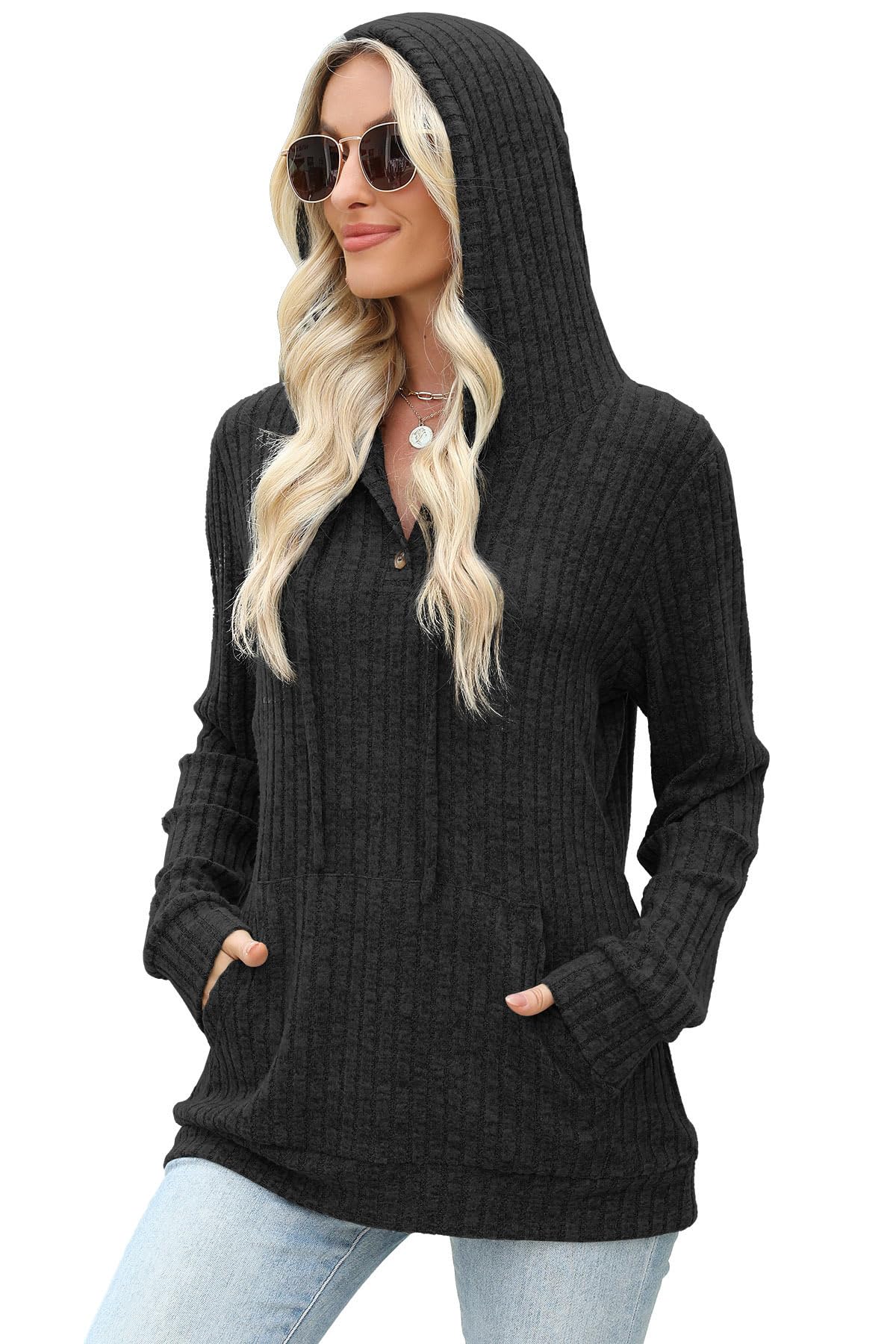 JomeDesign Black Long Sleeve Shirt for Women Hoodies Loose Casual Pullover Lightweight Sweaters 2025 Black L