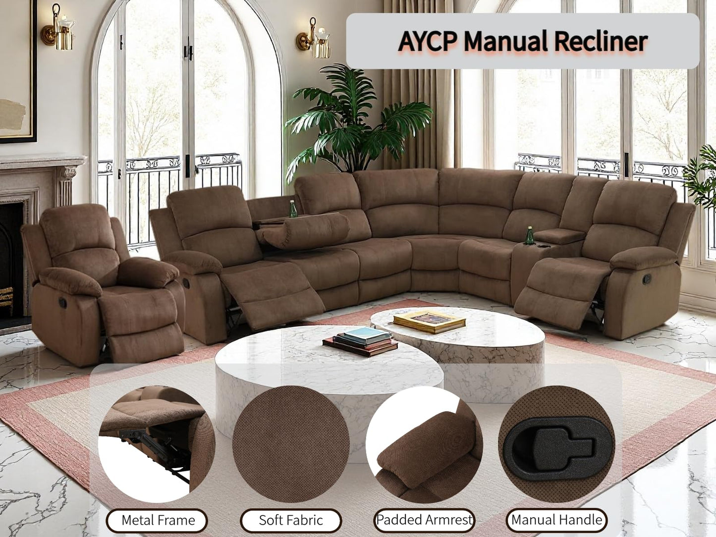 Manual Reclining Sofa Set with Drop-Down Table, Corduroy Sofa Sets, Living Room Furniture Sets, Modern Manual Recliner Sofa Sets with Storage Console for Living Room (Brown, Sectional+Chair)