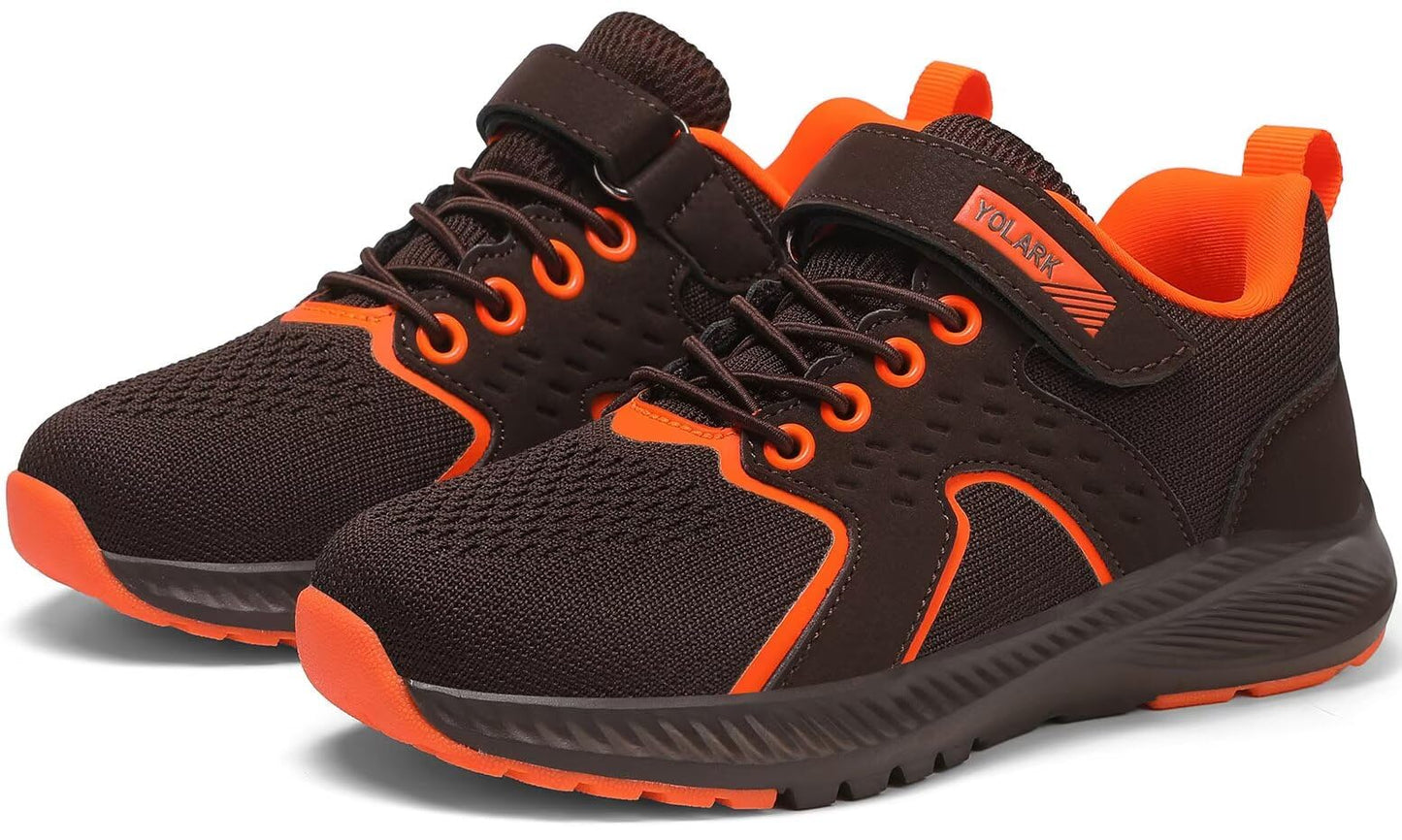YOLARK Kids Sneakers for Boys Girls Running Tennis Shoes Non-Slip Hiking Walking Shoes Lightweight Breathable Sport Athletic（Brown Big 4.5）