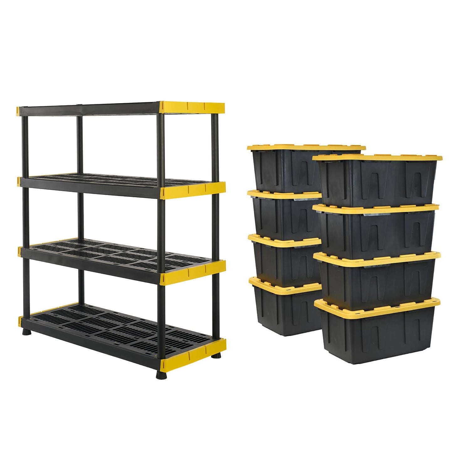 CX Black & Yellow, Shelving Unit and Heavy Duty Storage Containers, Extremely Durable (Shelf + 27 Gallon Container (8-Pack)), for Garage, Warehouse & Seasonal Storage