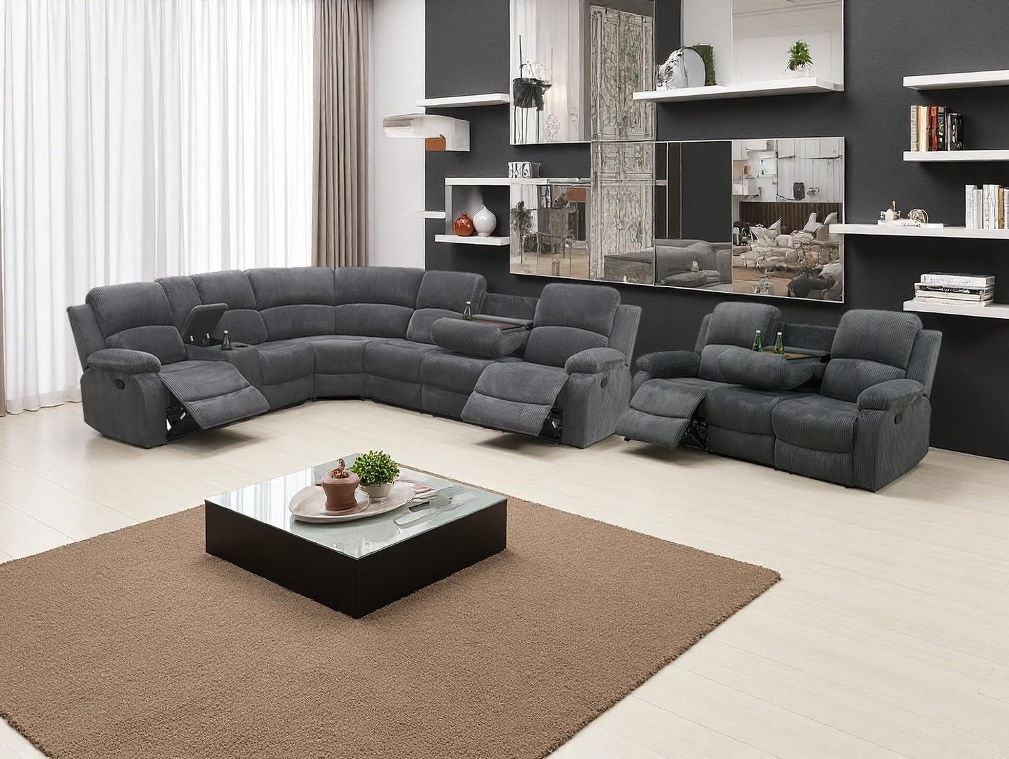 Dekmxas Living Room Furniture Sets, Recliner Sectional Sofa with Cup Holders, Grey Corduroy Reclining Sectional Sofa Set with Drop-Down Table, Storage Console for Living Room, Bedroom, Apartment