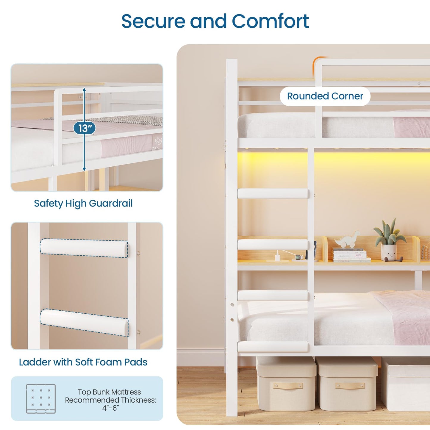 Twin Over Twin Bunk Bed with 6 Storage Drawers & 3 Boxes, Dual Side Shelves, Twin Bunk Beds for Kids with LED Lights and Charging Station, Heavy Duty Metal Bunk Bed with Safety Guardrail and Ladder