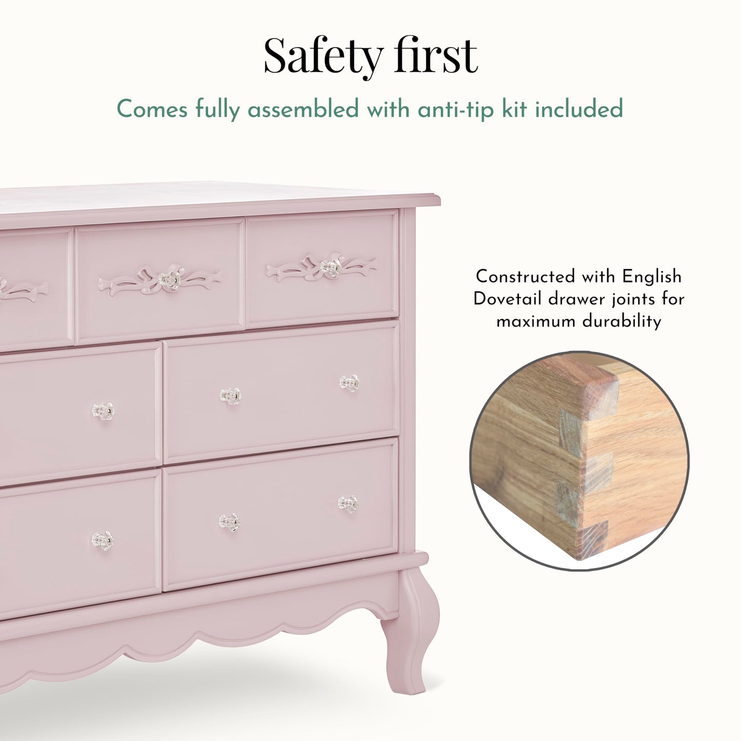 Evolur Aurora 7 Drawer Double Dresser, Dusty Rose