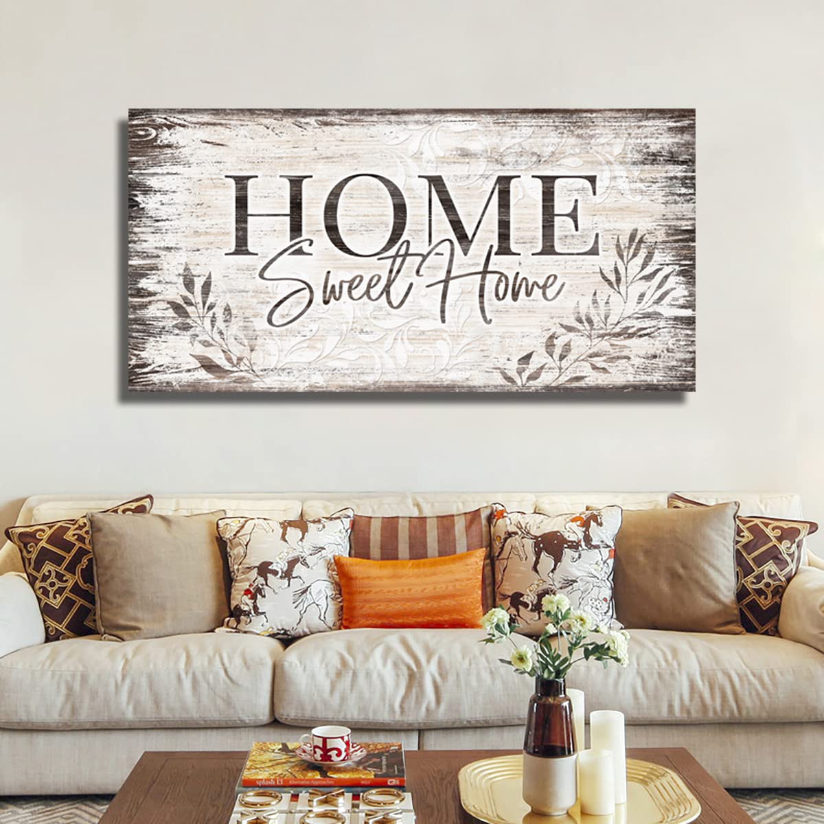arteWOODS Home Sweet Home Wall Art Sign Large Dark Brown Farmhouse Wall Sign for Living Room Decoration Wooden Board Design Canvas Prints Modern Rustic Artwork Leaf Pictures Wall Decor 20" x 40"