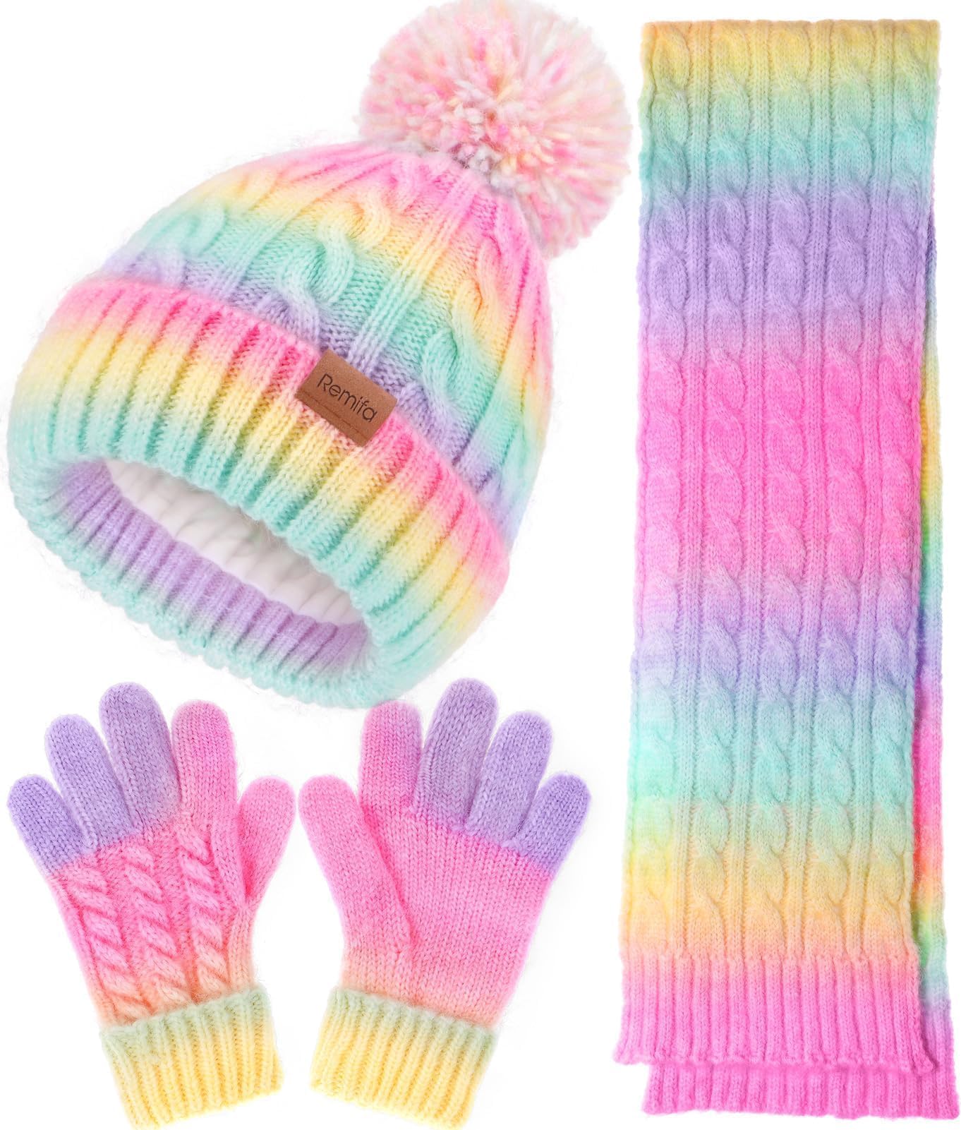 Remifa Kids Winter Hat Scarf Gloves Set, Girls Boys Toddler 8% Wool Warm Fleece Beanie Knit Neck Scarf Mittens Christmas Gift, Macaron, 3-8 Years Old
