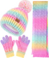 Remifa Kids Winter Hat Scarf Gloves Set, Girls Boys Toddler 8% Wool Warm Fleece Beanie Knit Neck Scarf Mittens Christmas Gift, Macaron, 3-8 Years Old