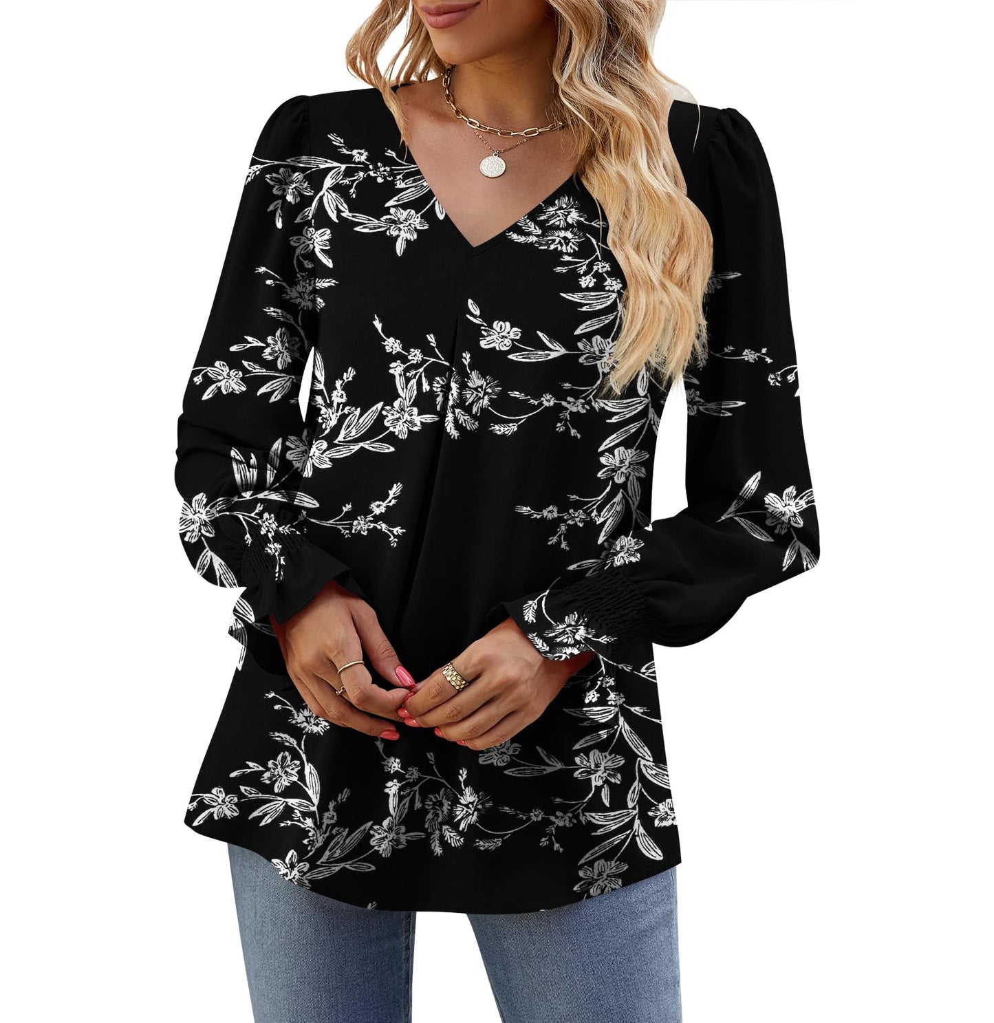 Funlingo Womens Tops Long Sleeve V Neck Shirts Chiffon Business Tunic Blouse Work Casual Clothes Black White Floral Large