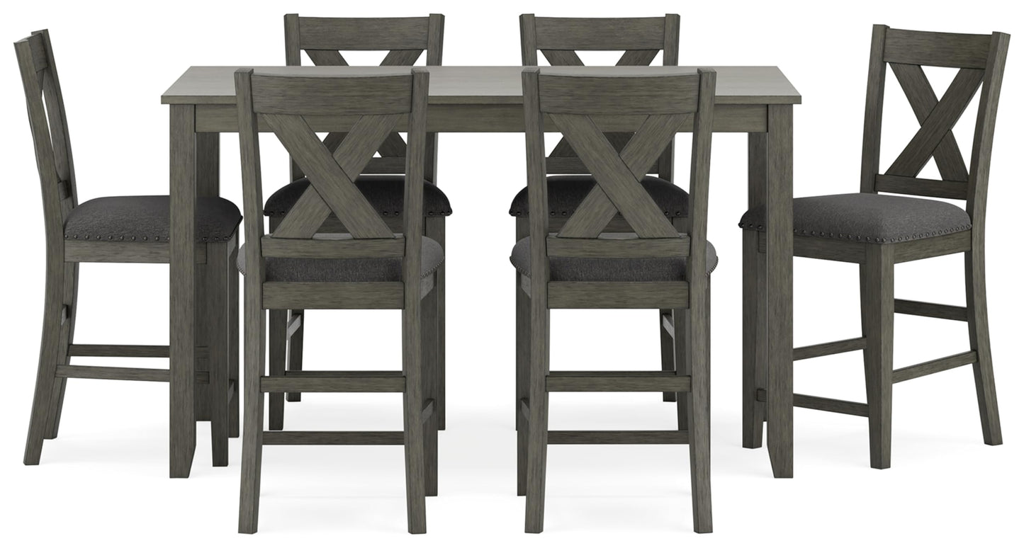 Signature Design by Ashley Caitbrook Casual Counter Height Dining Table and Upholstered Bar Stools with Nailhead Trim, Set of 7, Gray
