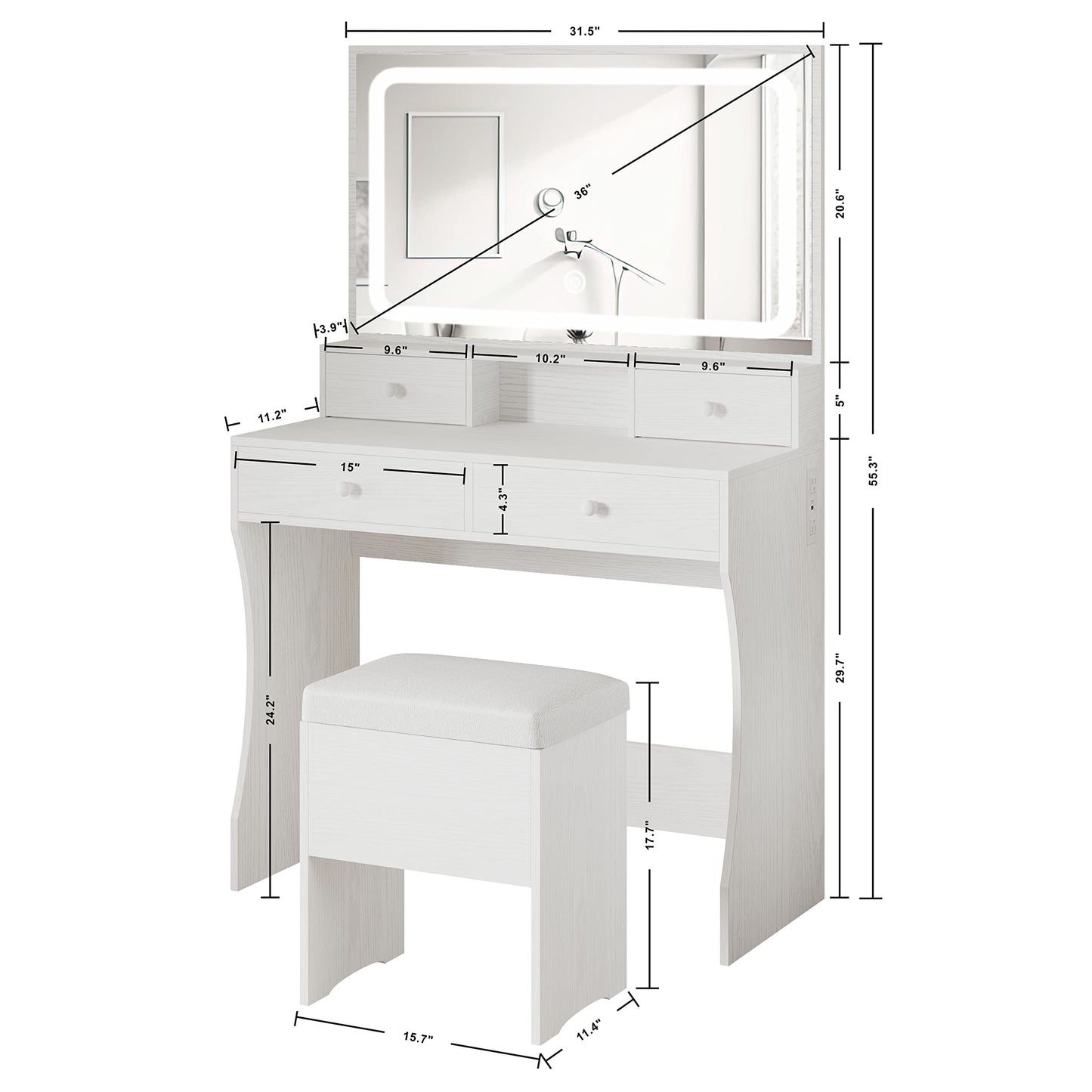 IRONCK Vanity Desk Set with LED Lighted Mirror & Power Outlet, Makeup Vanity Table with 4 Drawers,Storage Bench,for Bedroom, Bathroom, White