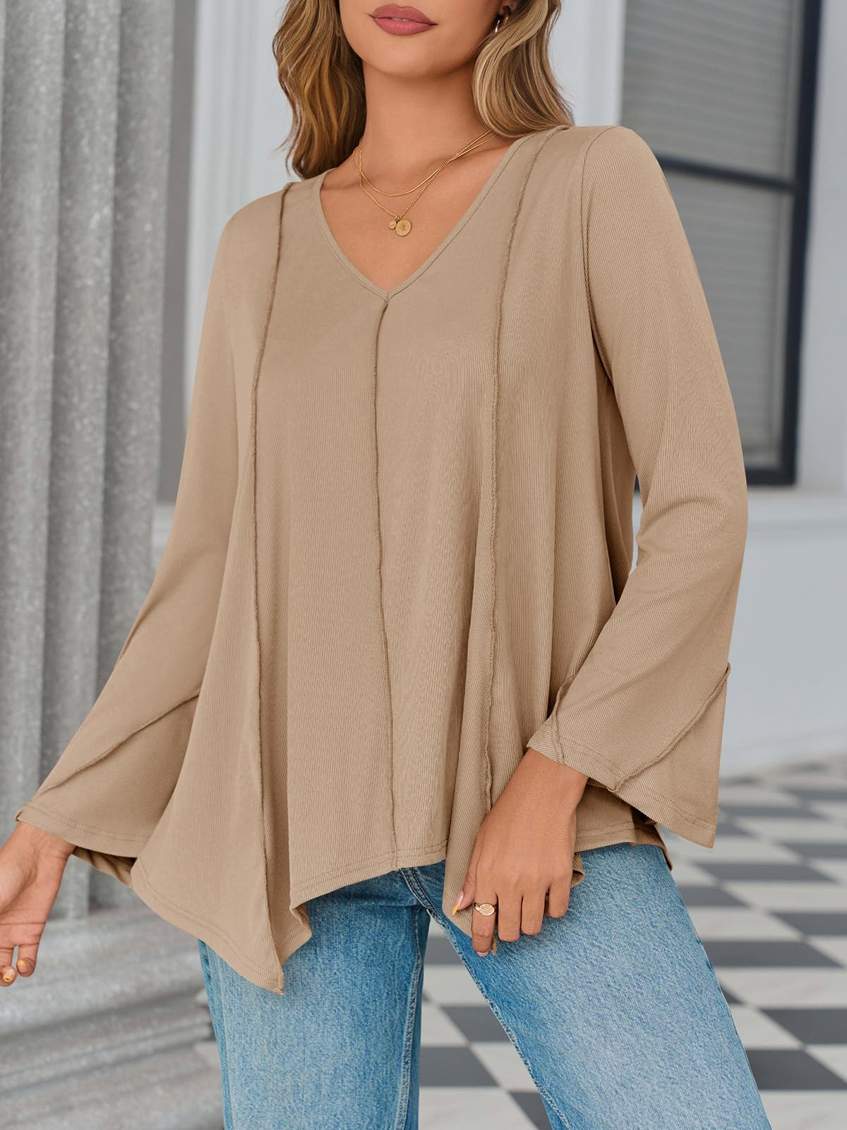 Tankaneo Womens Long Bell Sleeve Tops V Neck Asymmetrical Hem Ribbed Shirts Flowy Trendy Loose Fit Tees Tunic Shirts Khaki