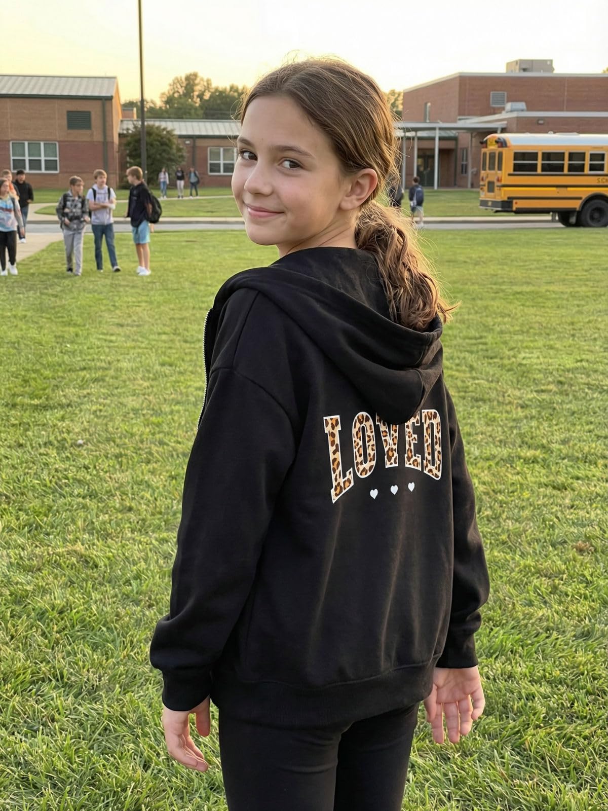 WELAKEN Girls' Zip-Up Hoodie – Cotton Leopard Loved Sweatshirt with Pockets for Kids & Teens