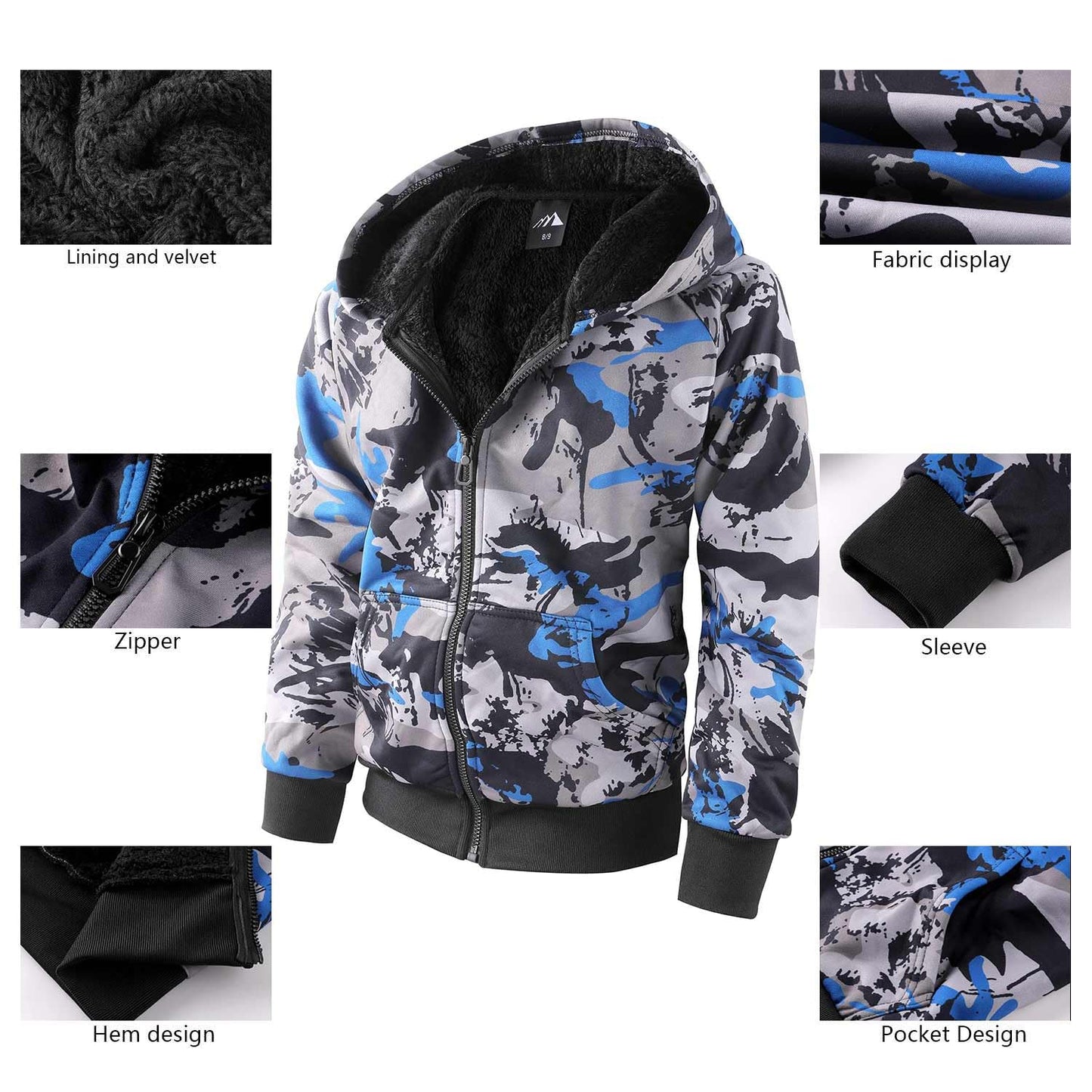 Boy's Zip Up Hoodie Heavyweight Winter Sweatshirt Fleece Sherpa Lined Warm Jacket (10-12, 12#blue camouflage)