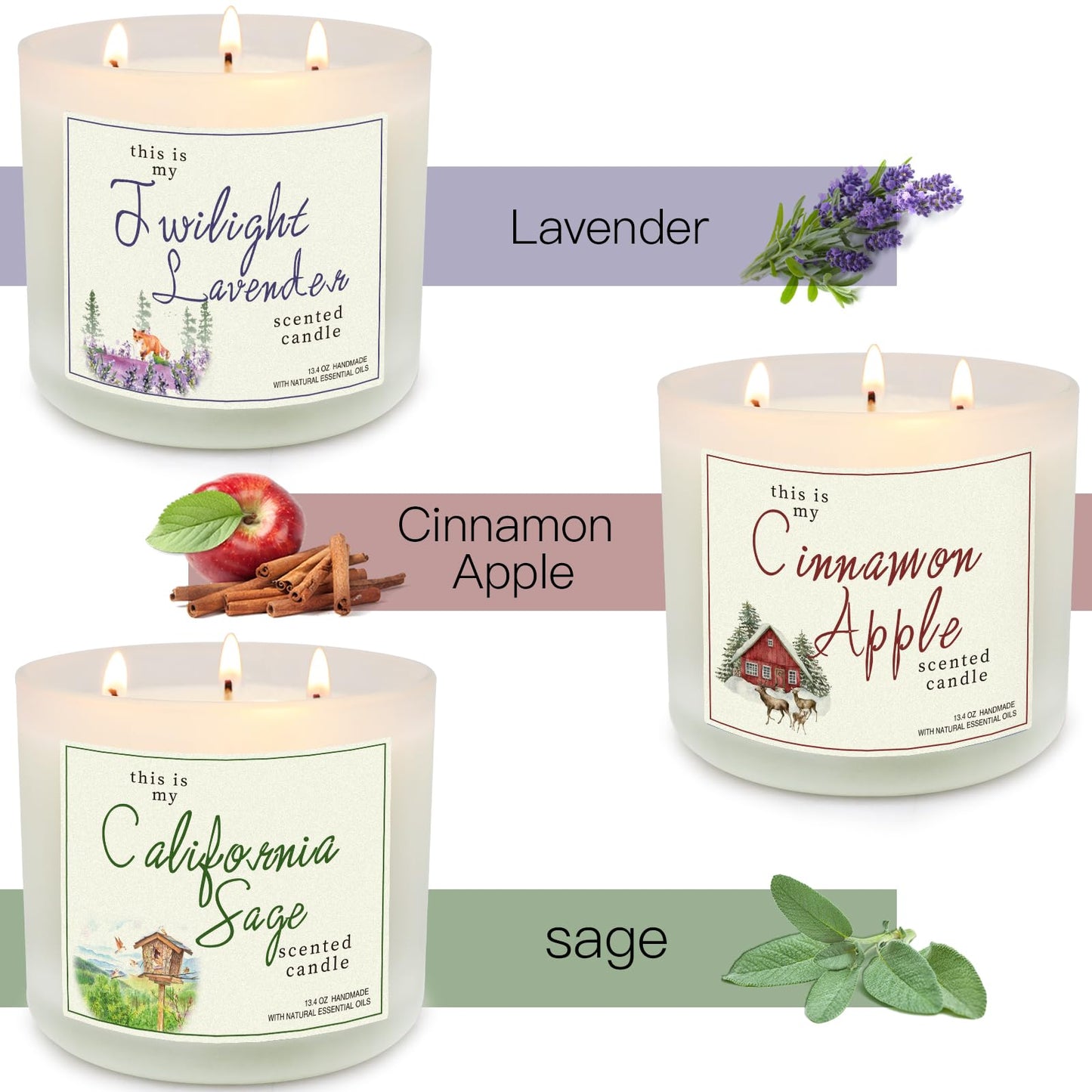 Candles for Home Scented, 3 Pack 3 Wick Large Jar Soy Candle, Bath and Body Works Candles，40.2 oz 300 Hour Long Lasting Candles,Lavender & Sage & Apple Cinnamon Aromatherapy Candle Gift Set