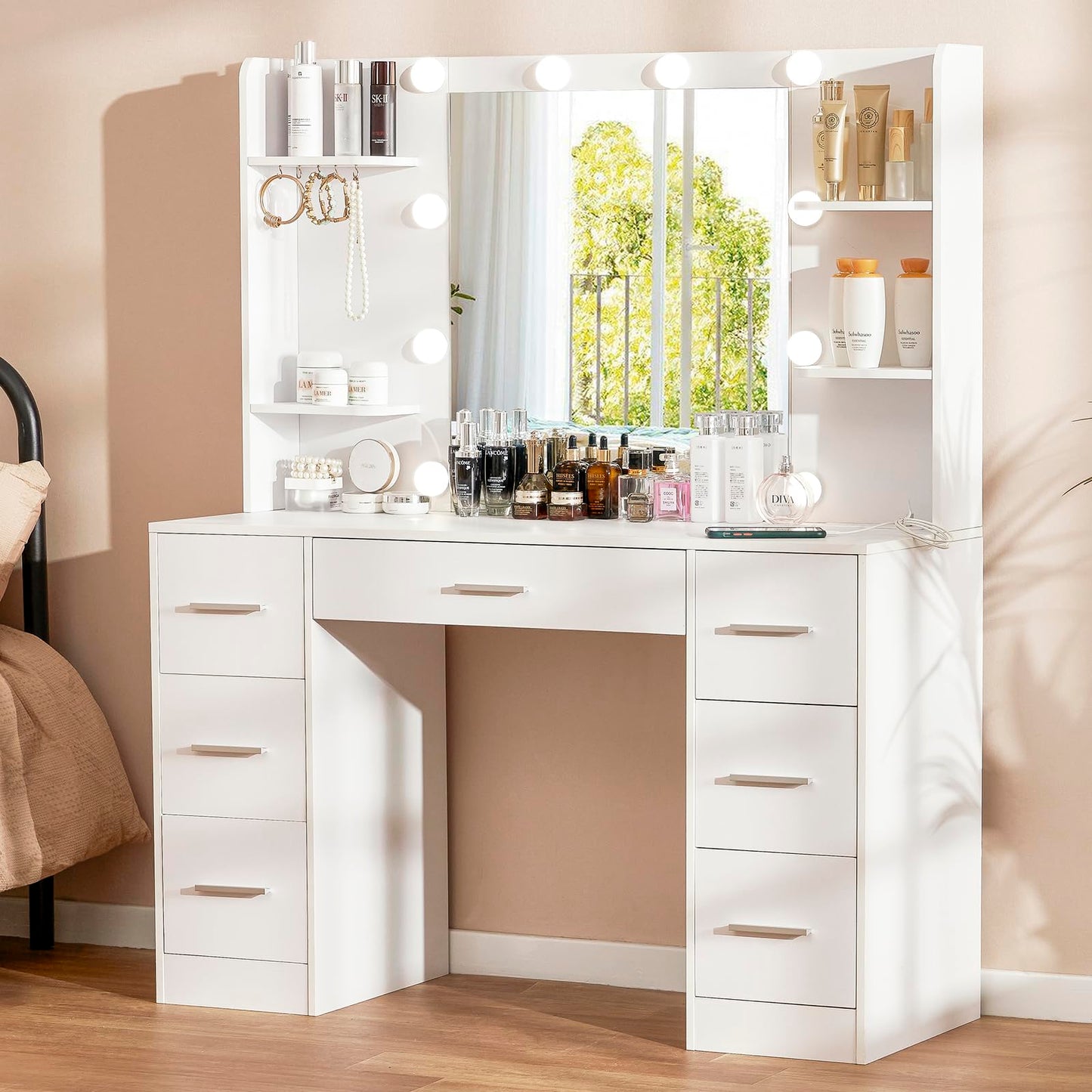 Quimoo Large Vanity Desk with LED Lighted Mirror & Power Outlet,Makeup Vanity Table with 7 Drawers,4 Shelves and 5 Hooks,Vanity Table, Vanity Desk Set for Bedroom,Bathroom,White