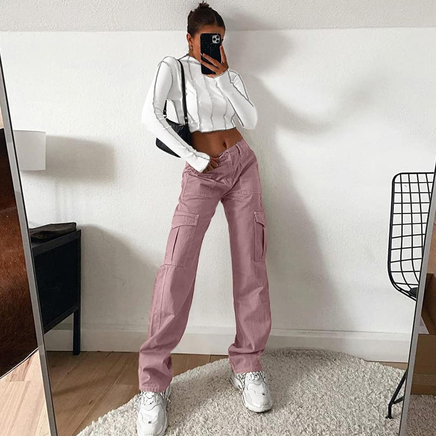 Lepunuo Cargo Pants for Women High Waisted Casual Pants Baggy Stretchy Wide Leg Y2K Streetwear with 6 Pockets Purple Gray