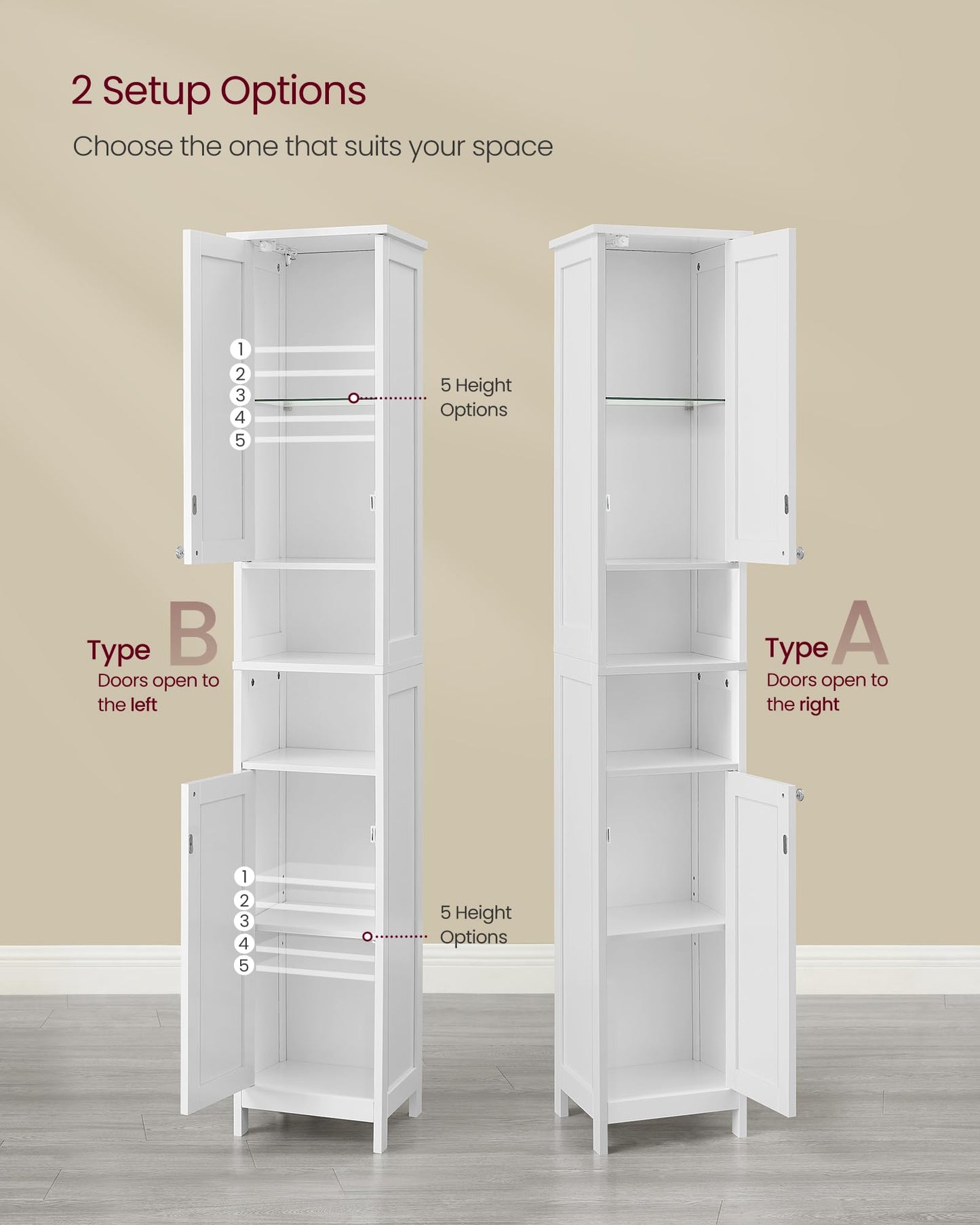 VASAGLE Tall Bathroom Cabinet with Lights, Slim Bathroom Storage Cabinet, Freestanding Narrow Cabinet with Adjustable Shelves, Open compartments, for Small Spaces, Modern, Cloud White UBBC566W02