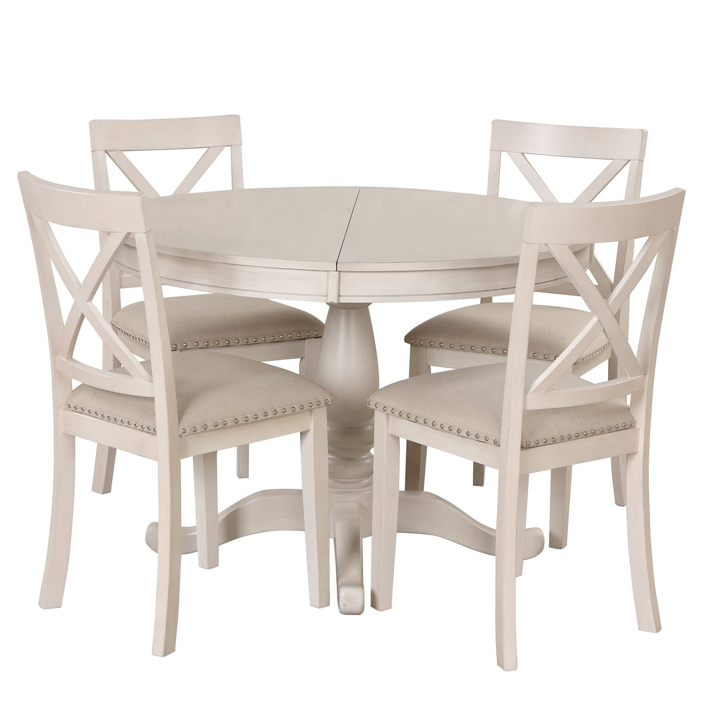 Voohek 5-Piece Kitchen Dining Set for 4, with Extendable Round Wood Table and Chair, Classic Family Furniture for Dinette, Compact Space, Antique White