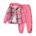 EDFTM Girls Sweatsuit Set Zip Up Cute Plaid Flannel Hoodie and Jogger Pants for Kids Fall Winter Spring Outfits Pink 5-6 Years