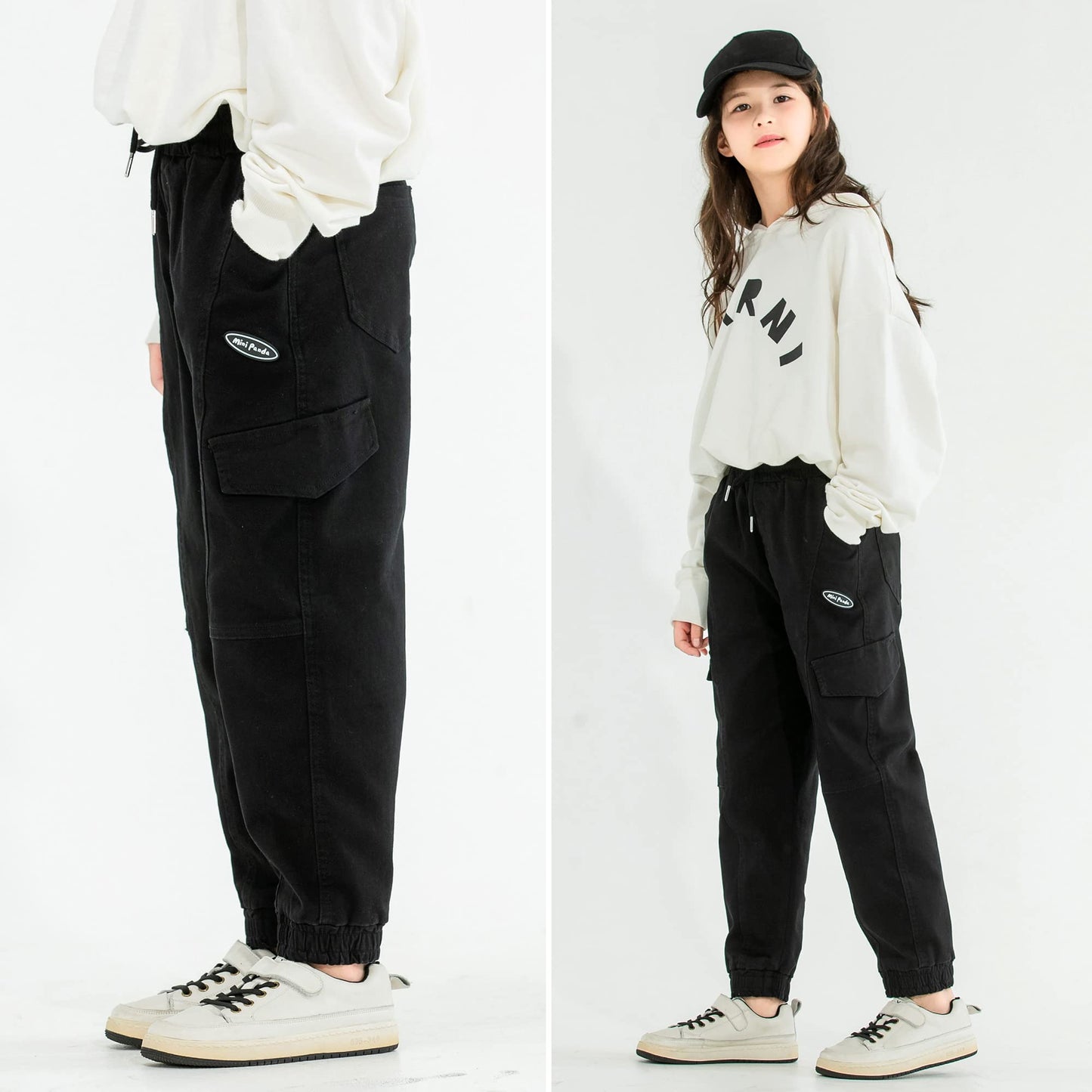 MINI PANDA Girls Pants,Stretchy Loose Fitting Girls Pants Size 6-16 Trendy (as1, Numeric, Numeric_8, Regular, Black, 8)