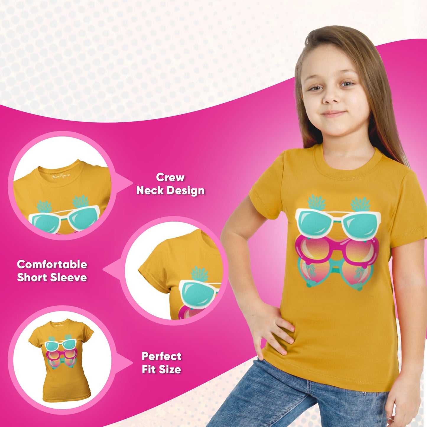 MISS POPULAR Girls 4-Pack Super Soft Short Sleeve T-Shirts Rainbow Butterfly Glitter Print Cute Design| Sizes 7-16