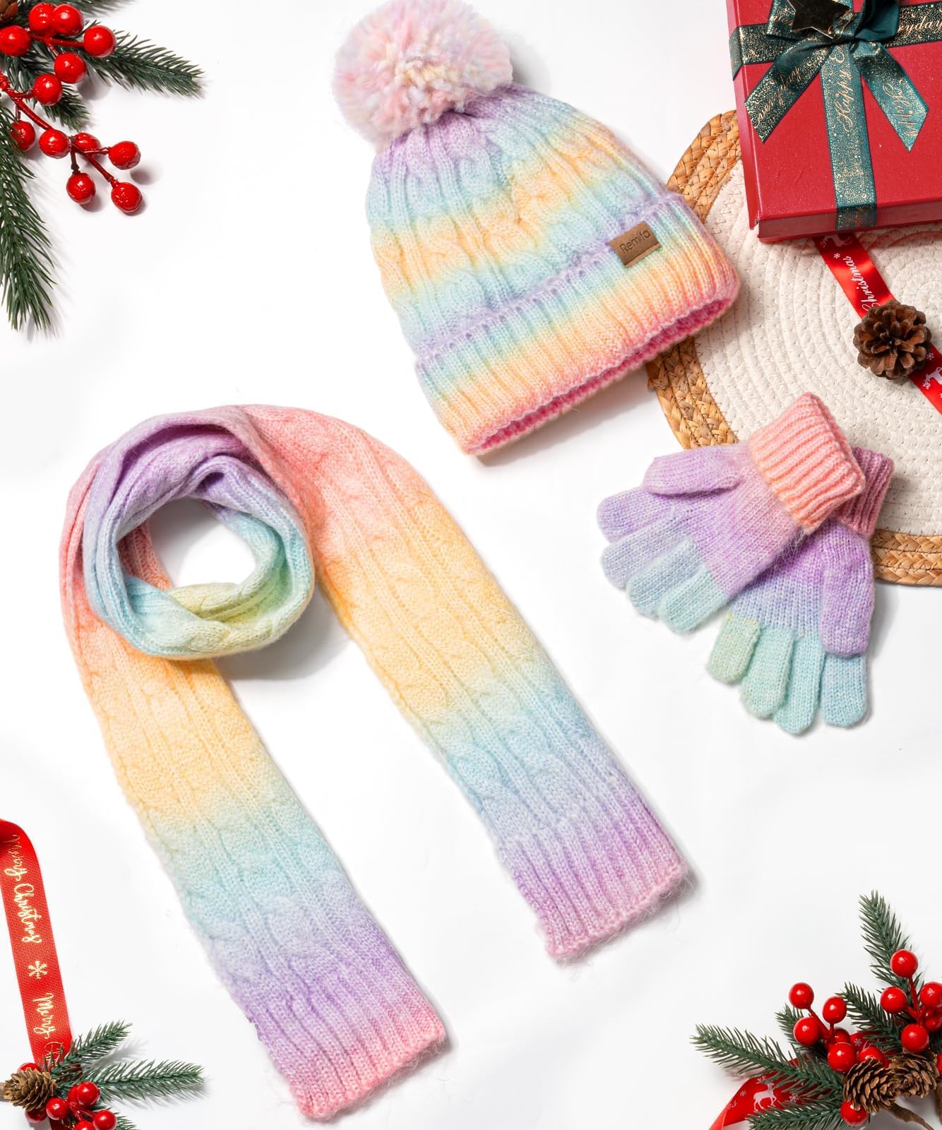 Remifa Kids Winter Hat Scarf Gloves Set, Girls Boys Toddler 8% Wool Warm Fleece Beanie Knit Neck Scarf Mittens Christmas Gift, Macaron, 3-8 Years Old