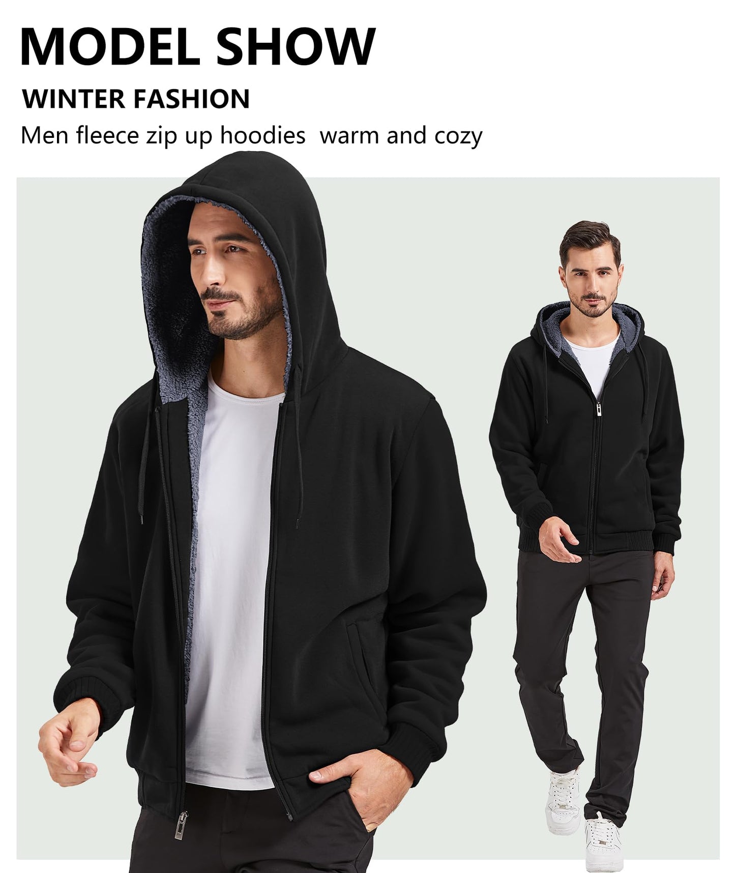 GEEK LIGHTING Men’s Fleece-Lined Zip Up Hoodie, Thick Hooded Jacket Winter Warm Athletic Sweatshirt, Pure black L