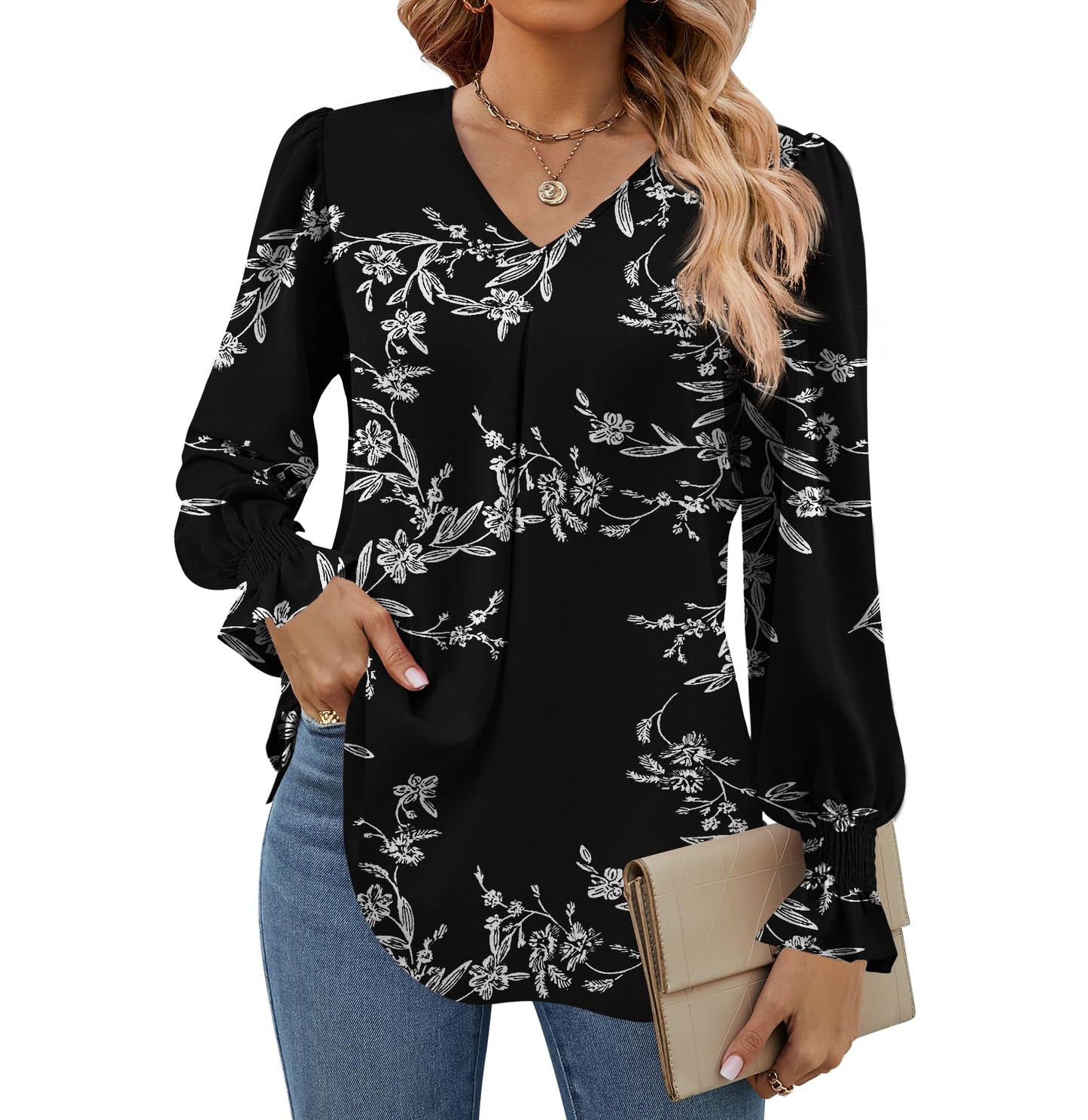 Funlingo Womens Tops Long Sleeve V Neck Shirts Chiffon Business Tunic Blouse Work Casual Clothes Black White Floral Large