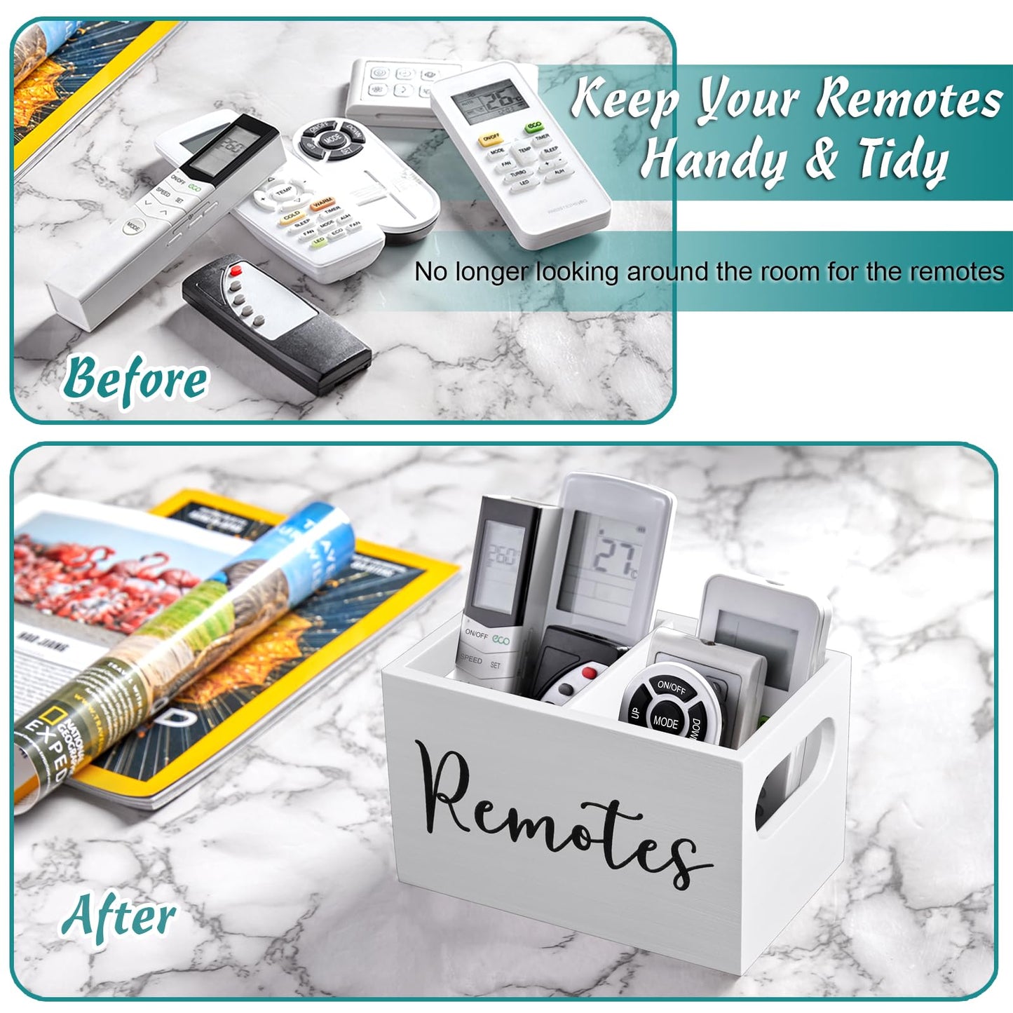 DRASTAR Remote Control Holder, TV Remote Holder, Remote Organizer Caddy for Table, Wooden Remote Box for Nightstand, Bedside Caddy, White