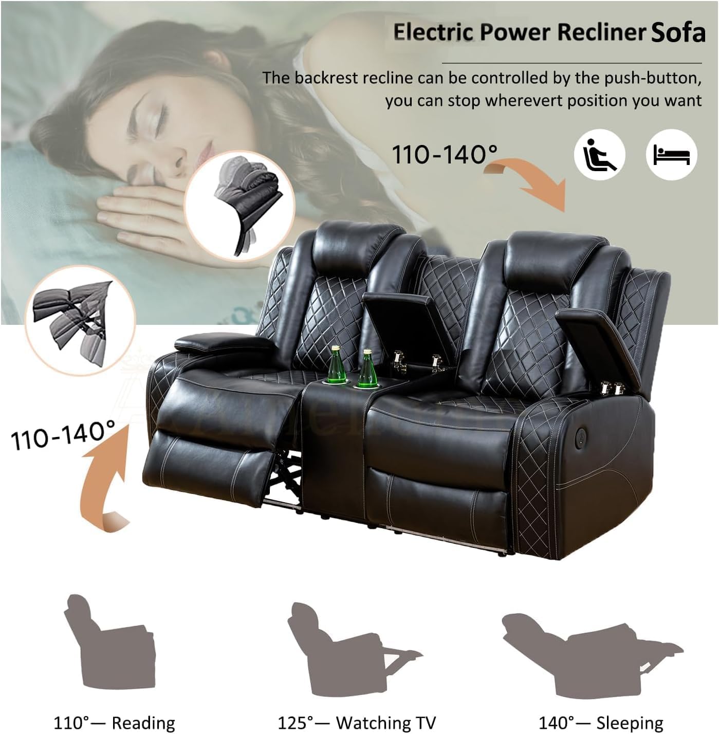 AYCP Multifunction Power Recliner Couch Set with LED Light, Storage Console, Cup Holders, USB Charging Port (3Piece, Black)