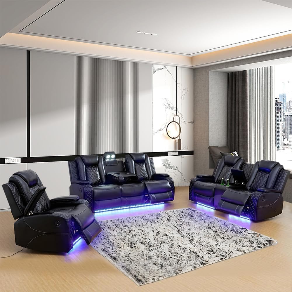 AYCP Multifunction Power Recliner Couch Set with LED Light, Storage Console, Cup Holders, USB Charging Port (3Piece, Black)