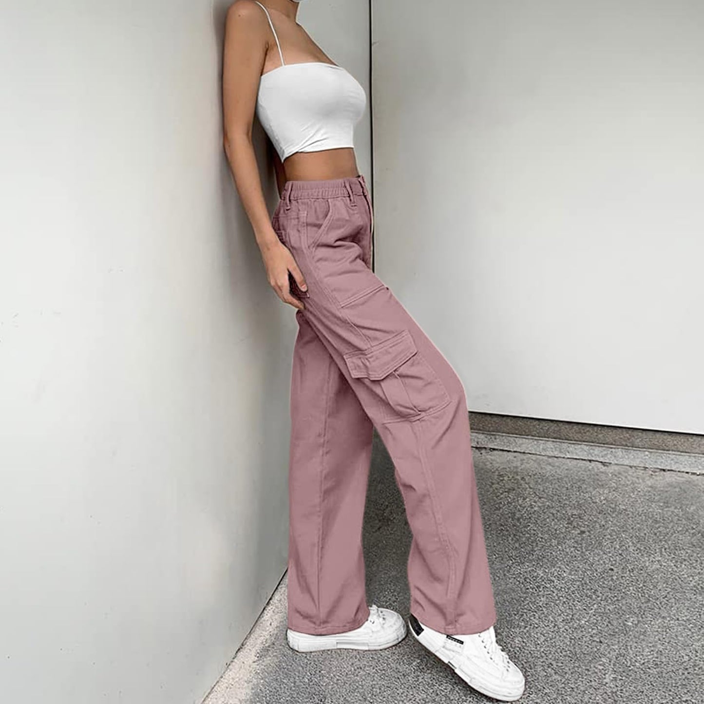 Lepunuo Cargo Pants for Women High Waisted Casual Pants Baggy Stretchy Wide Leg Y2K Streetwear with 6 Pockets Purple Gray