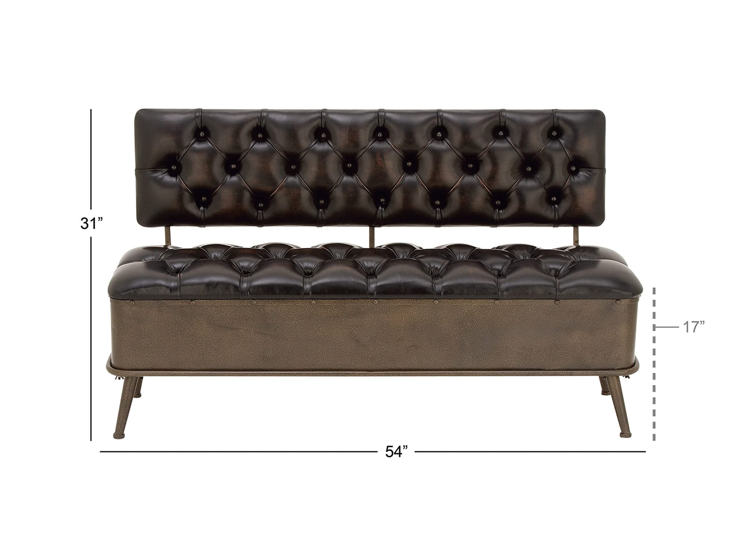 Deco 79 Metal Room Storage Bench Entryway Bench with Tufted Faux Leather, Bench 54" x 19" x 31", Bronze