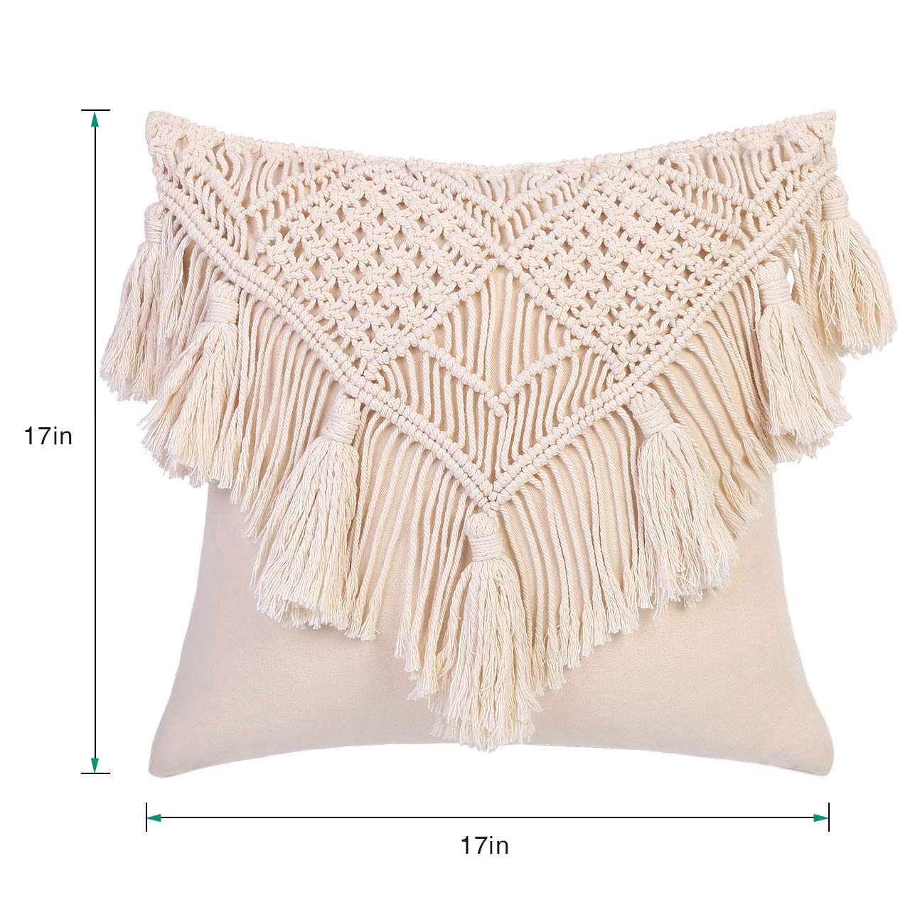 Macrame Throw Pillow Cushion Covers , Woven Boho Bed Sofa Couch Bench Car Home Decor, Comfy Square Pillow Cases with Tassels, Set of 2 Decorative Pillowcase (17X17 inch, Cream)