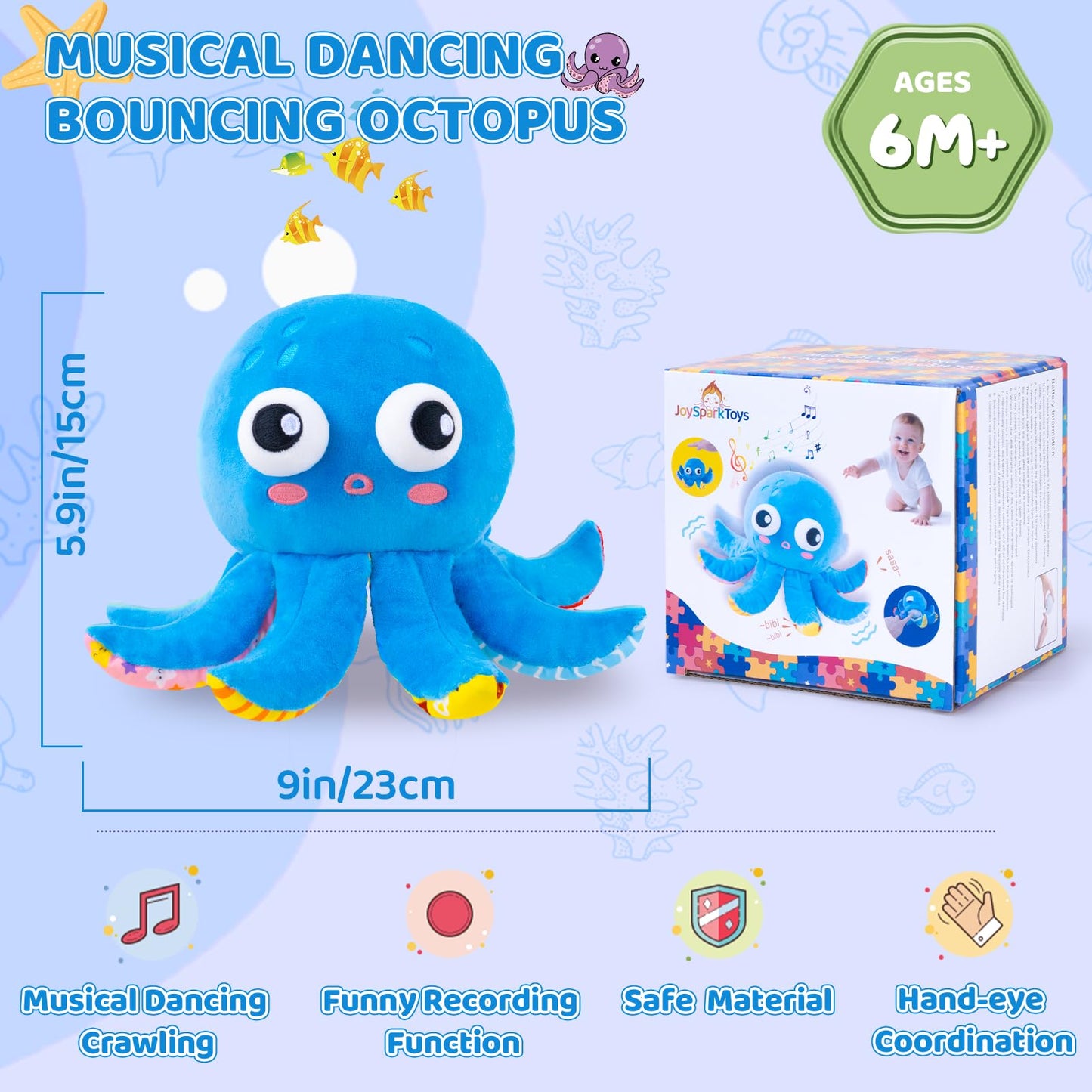 Baby Toys 6-12 Months, Musical Crawling Bouncing Octopus Plush Toys 12-18 Months, 50 Songs & Recording Feature, Interactive Toddler Toys Age 1-2 Tummy Time Toys for 1 Year Old Infant